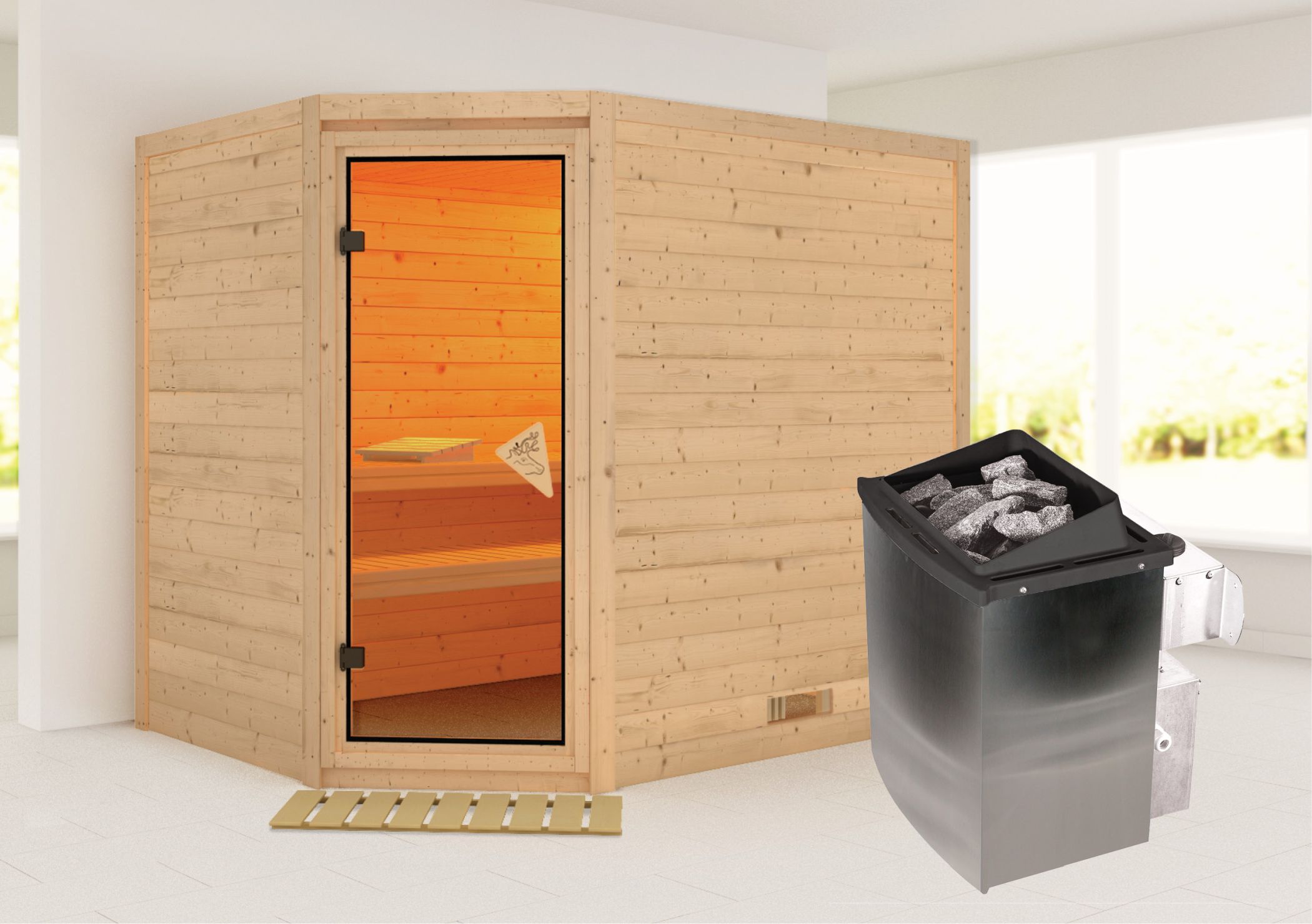 Außenansicht der Karibu Sauna Tanami aus nordischer Fichte mit Ganzglastür und Fronteinstieg