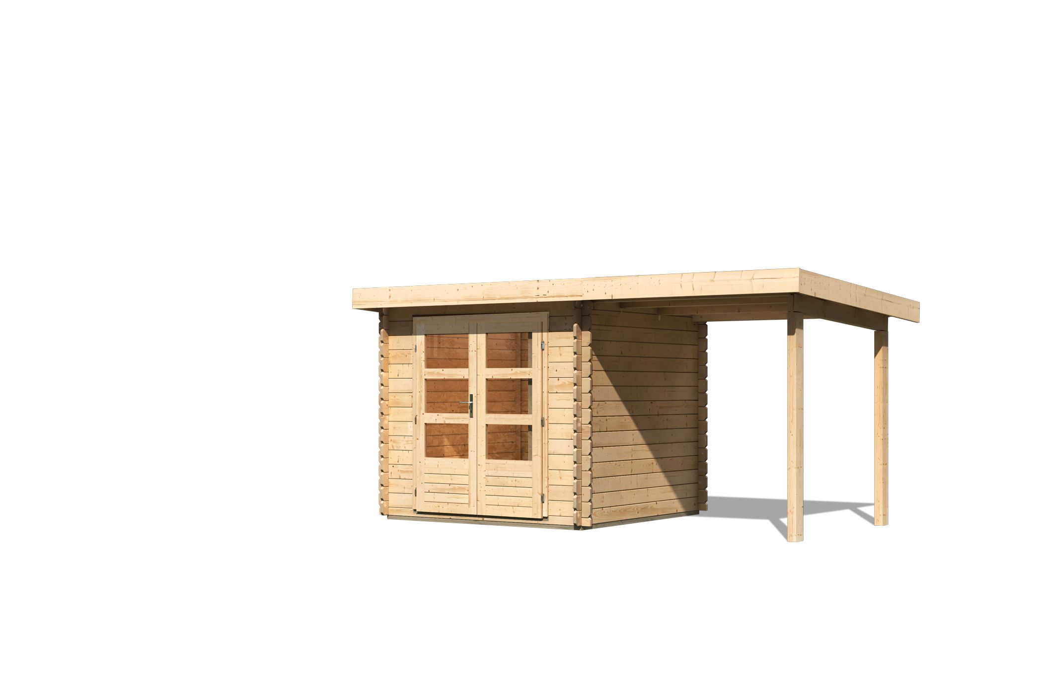 Karibu Gerätehaus Bastrup 2 in Naturbelassen und Anbaudach, Freisteller