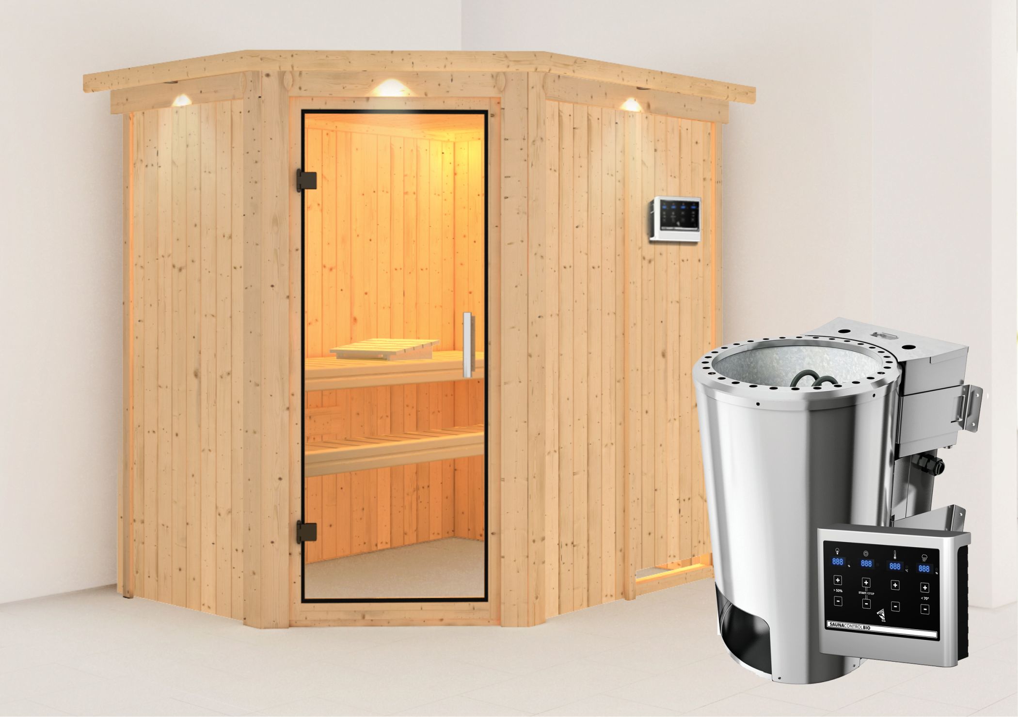Außenansicht der Karibu Sauna Saja aus nordischer Fichte mit Klarglas-Ganzglastür und Fronteinstieg