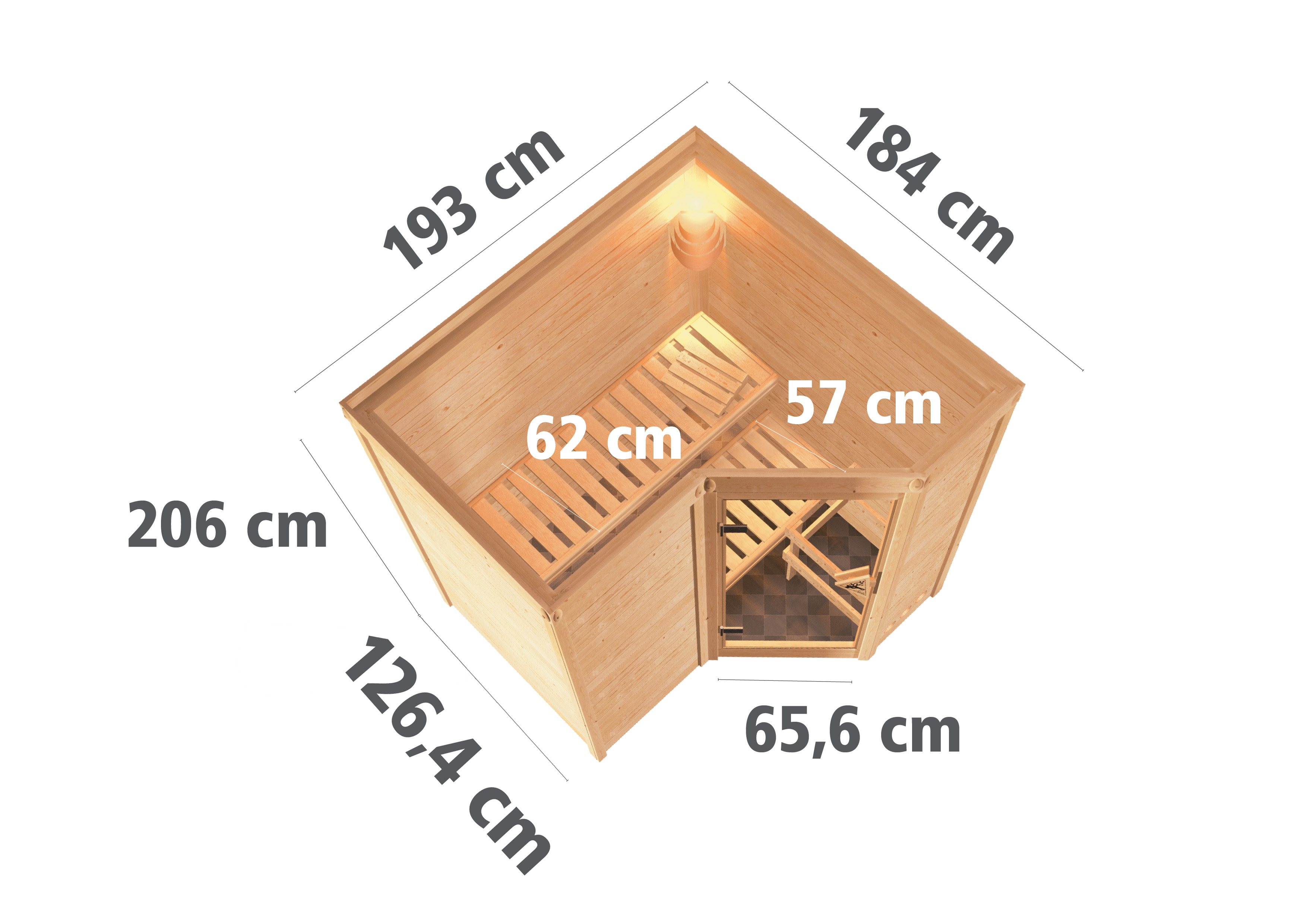 Maßzeichnung der Karibu Sauna Sahib 1 Basismodell mit Außenmaß 193 × 184 cm und Höhe 209 cm