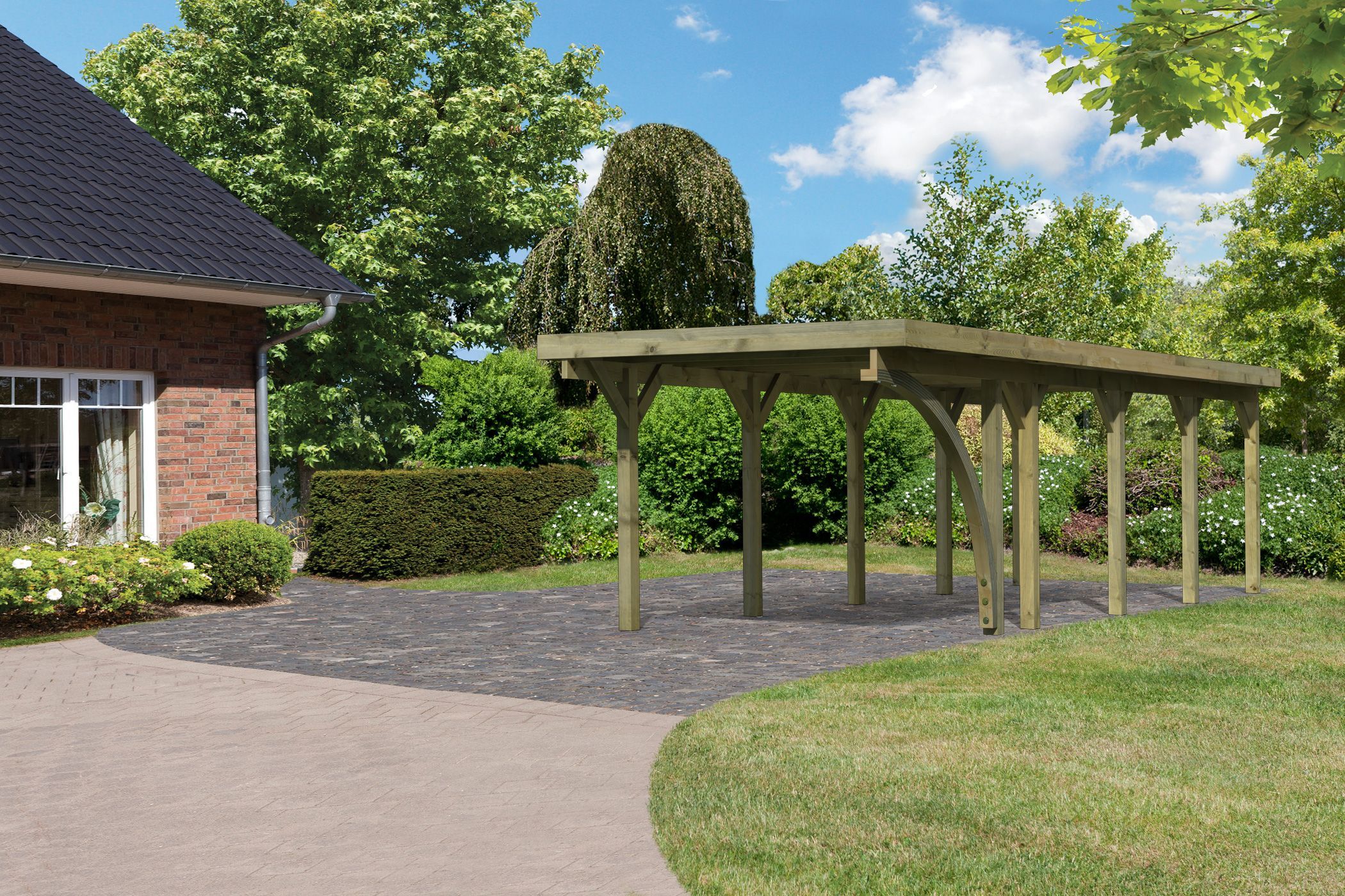 Außenansicht des Karibu Einzelcarport Classic 3 aus KDI-Massivholz mit Flachdach im Garten aufgebaut