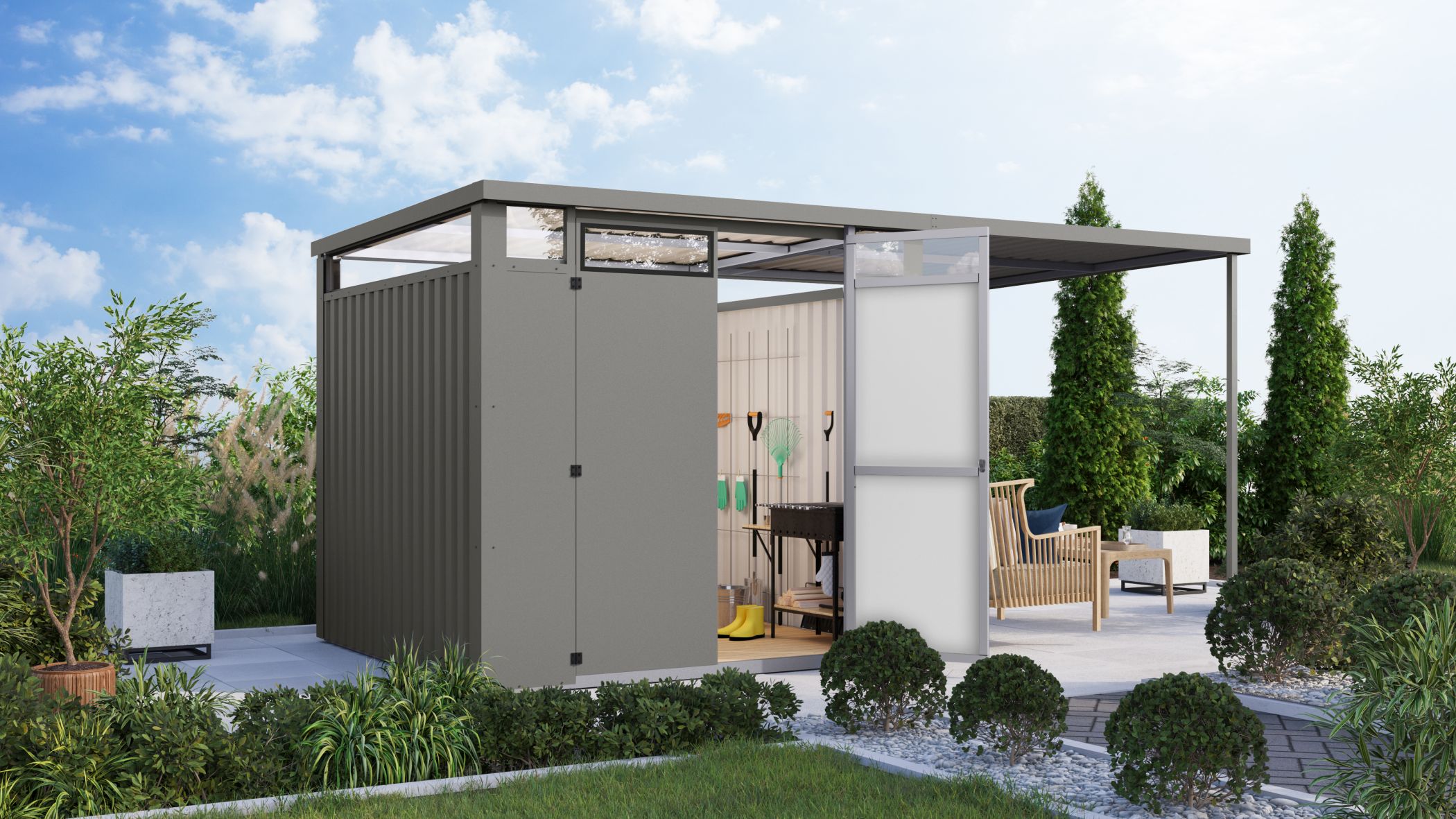 Metallhaus Østen 2 im Set mit Anbaudach 2,25 m graualuminium / Lagerabverkauf