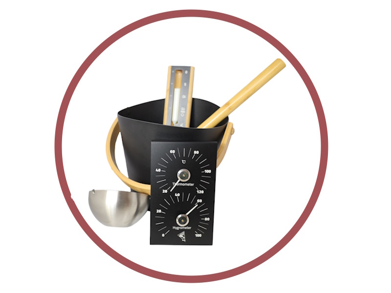 Sauna-Aufgussset Premium mit Kübel, Kelle sowie Thermo- und Hygrometer