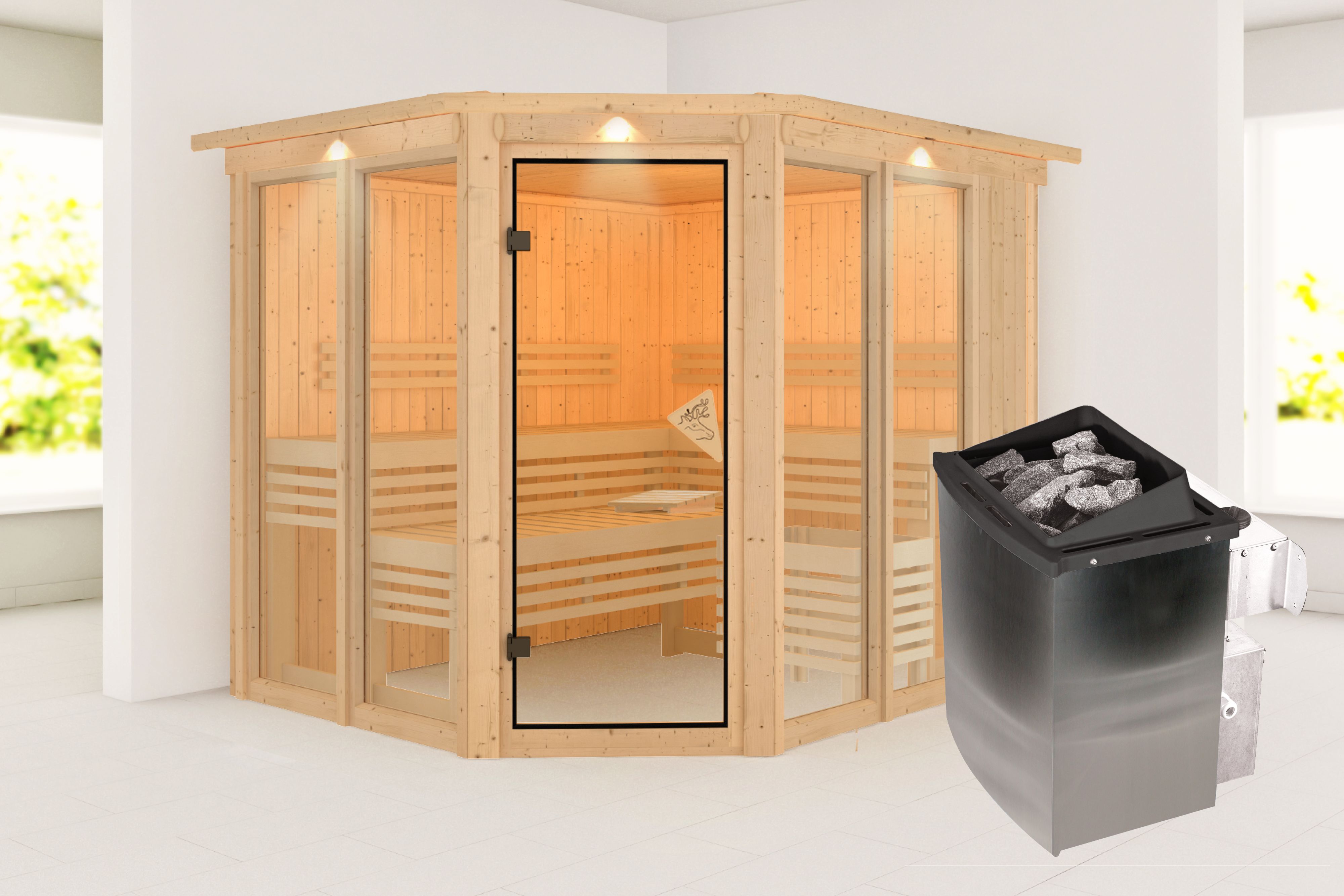 Außenansicht der Karibu Sauna Ainur aus nordischer Fichte mit Ganzglastür und Fronteinstieg