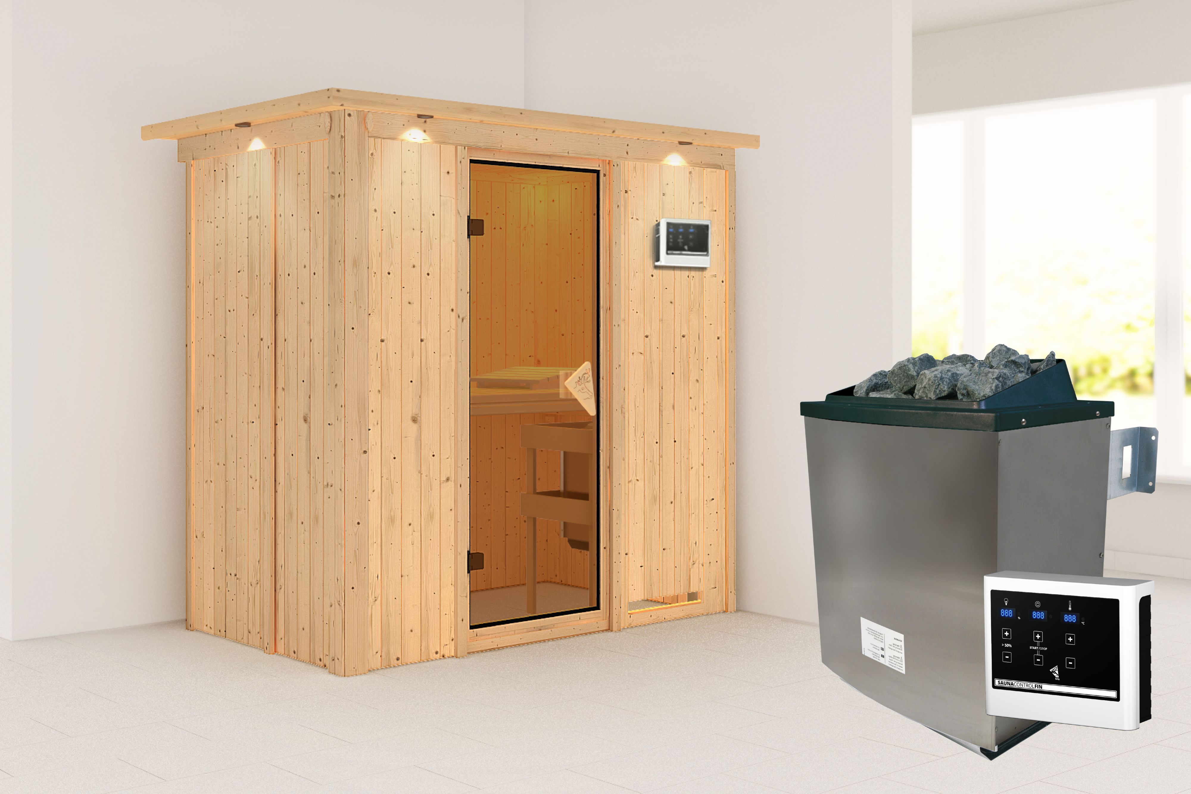 Außenansicht der Karibu Sauna Variado aus nordischer Fichte mit bronzierter Ganzglastür und Fronteinstieg
