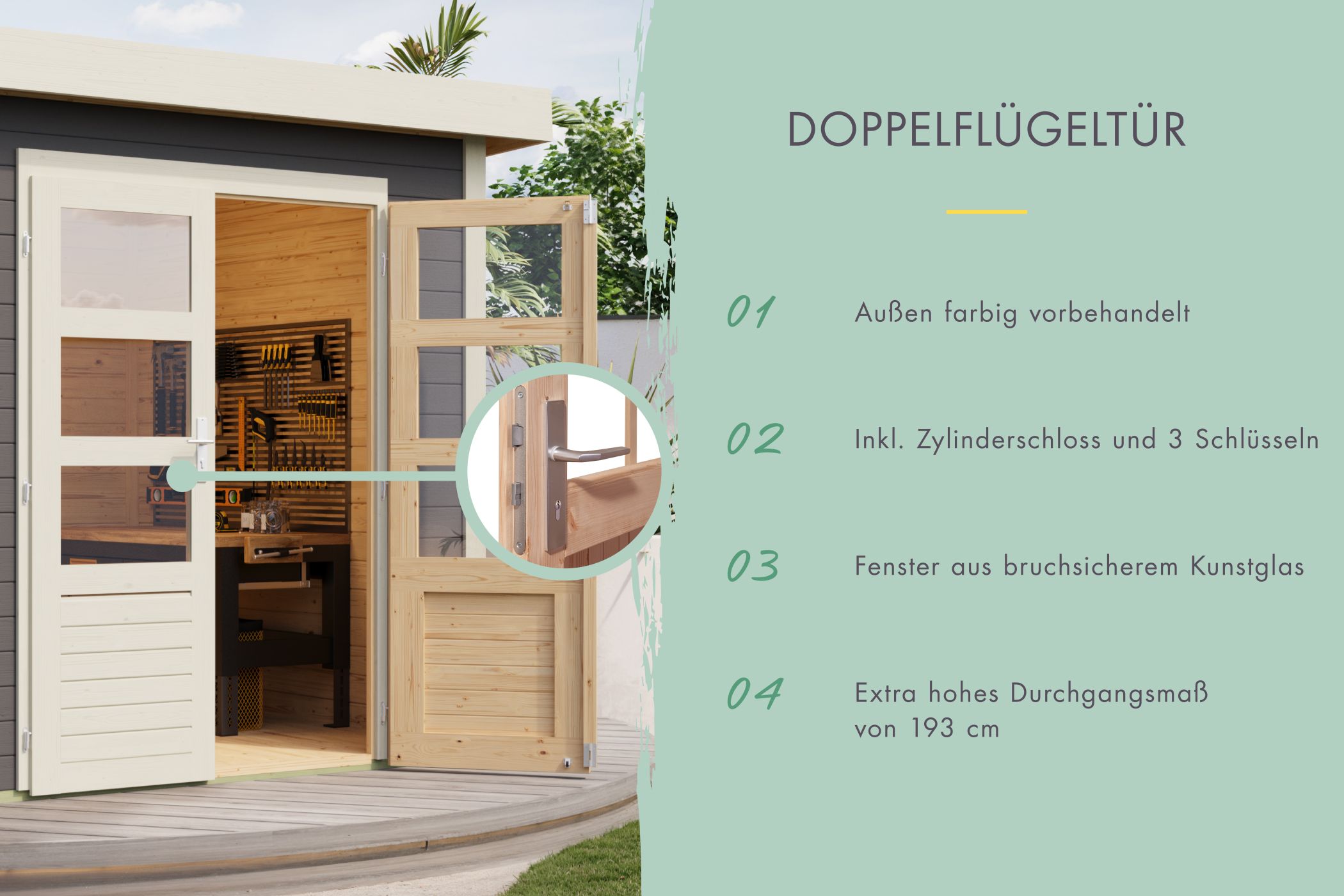 Doppelflügeltür mit Zylinderschloss und bruchsicherem Kunstglas