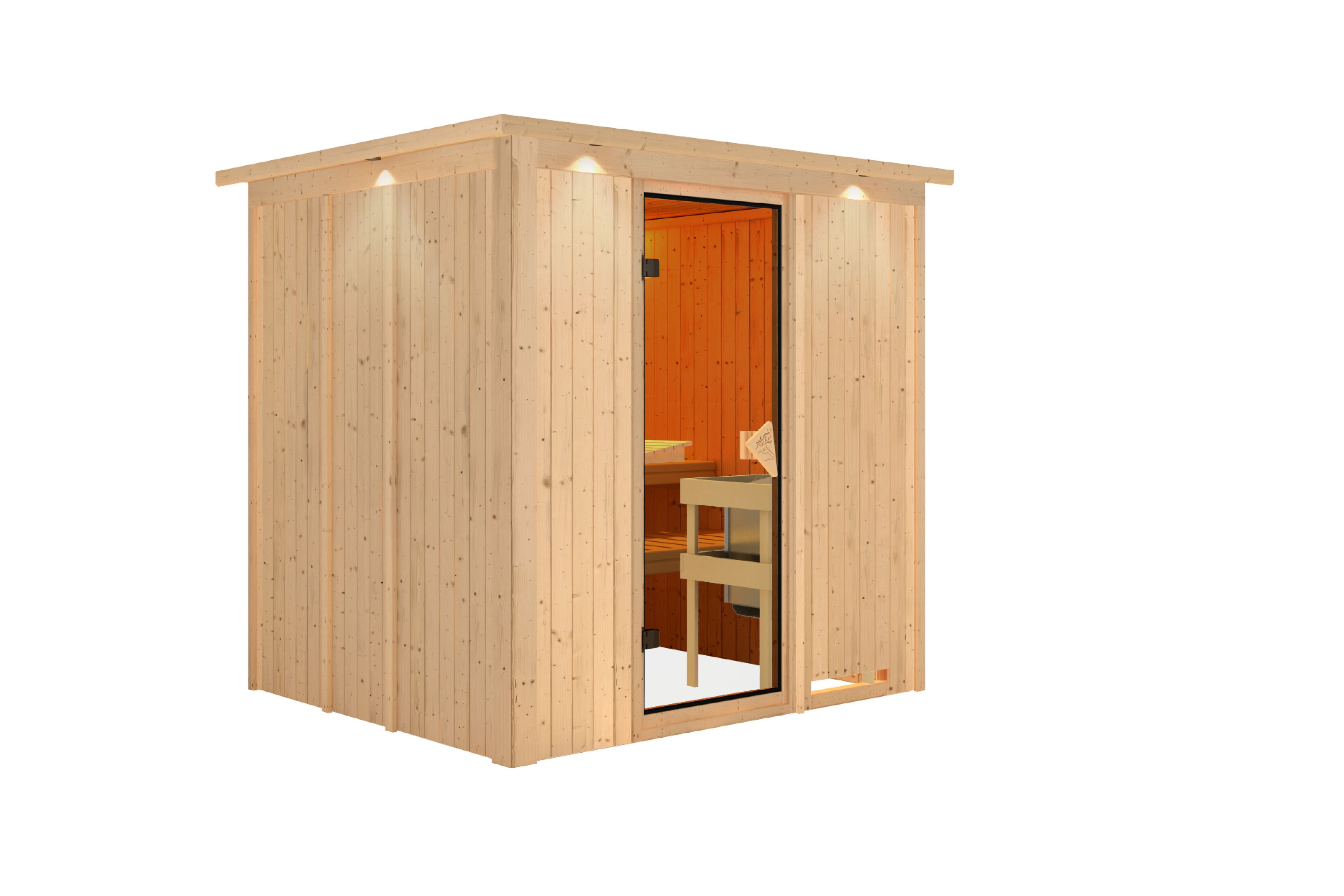 Innenansicht der Karibu Sauna Sodin mit Liegen und Kopfstütze aus hellem Espenholz
