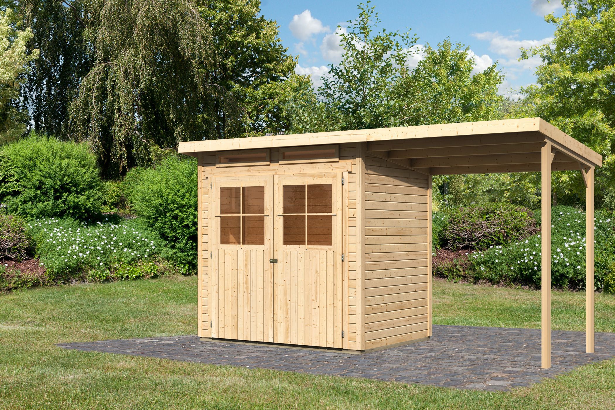 Karibu Gerätehaus Glücksburg 2 in Naturbelassen und Anbaudach, Außenansicht