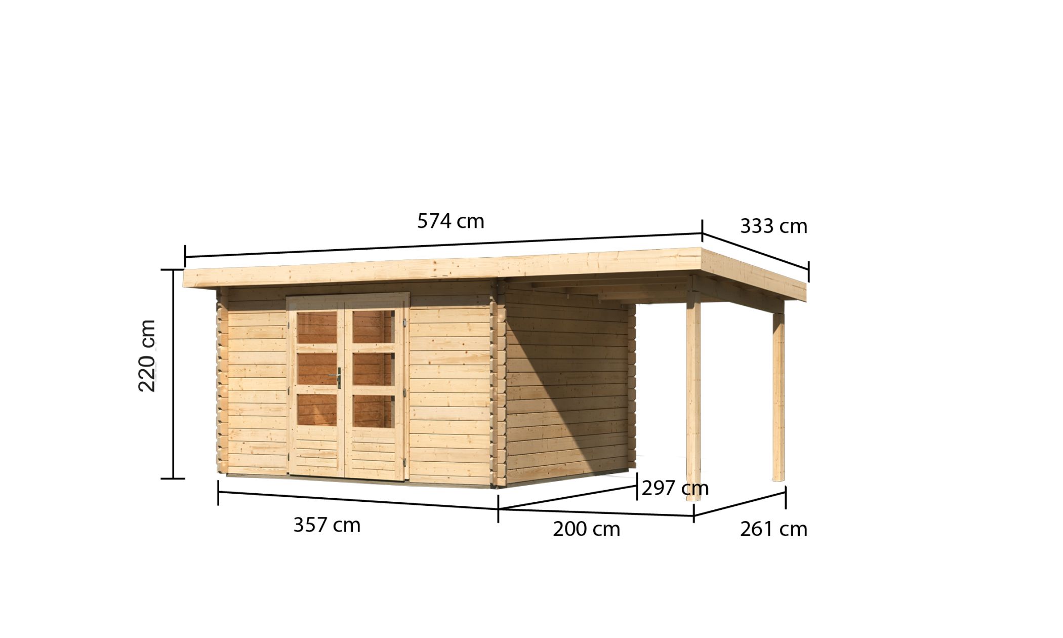 Bemaßte Maßzeichnung des Karibu Gartenhaus Bastrup 7 mit Anbaudach, 574 × 333 cm