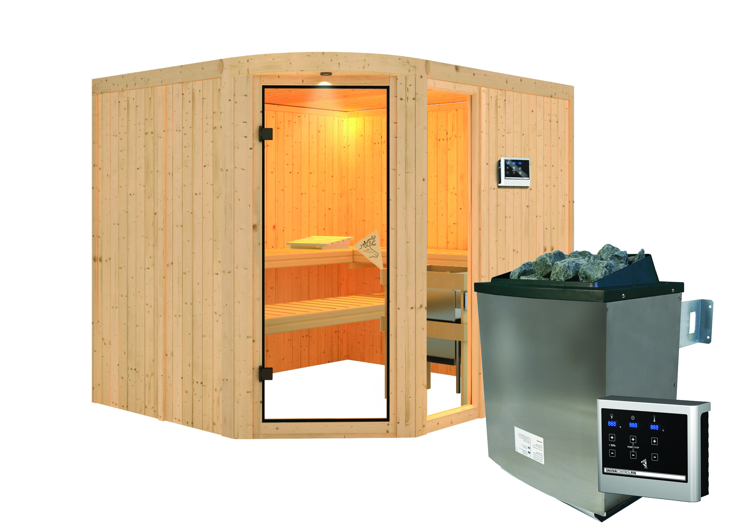 Innenansicht der Karibu Sauna Kodiak mit Liegen und Kopfstütze aus hellem Espenholz