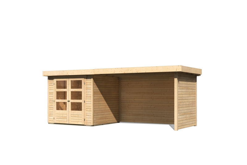 Karibu Gerätehaus Askola 2 in Naturbelassen und Anbaudach, Freisteller