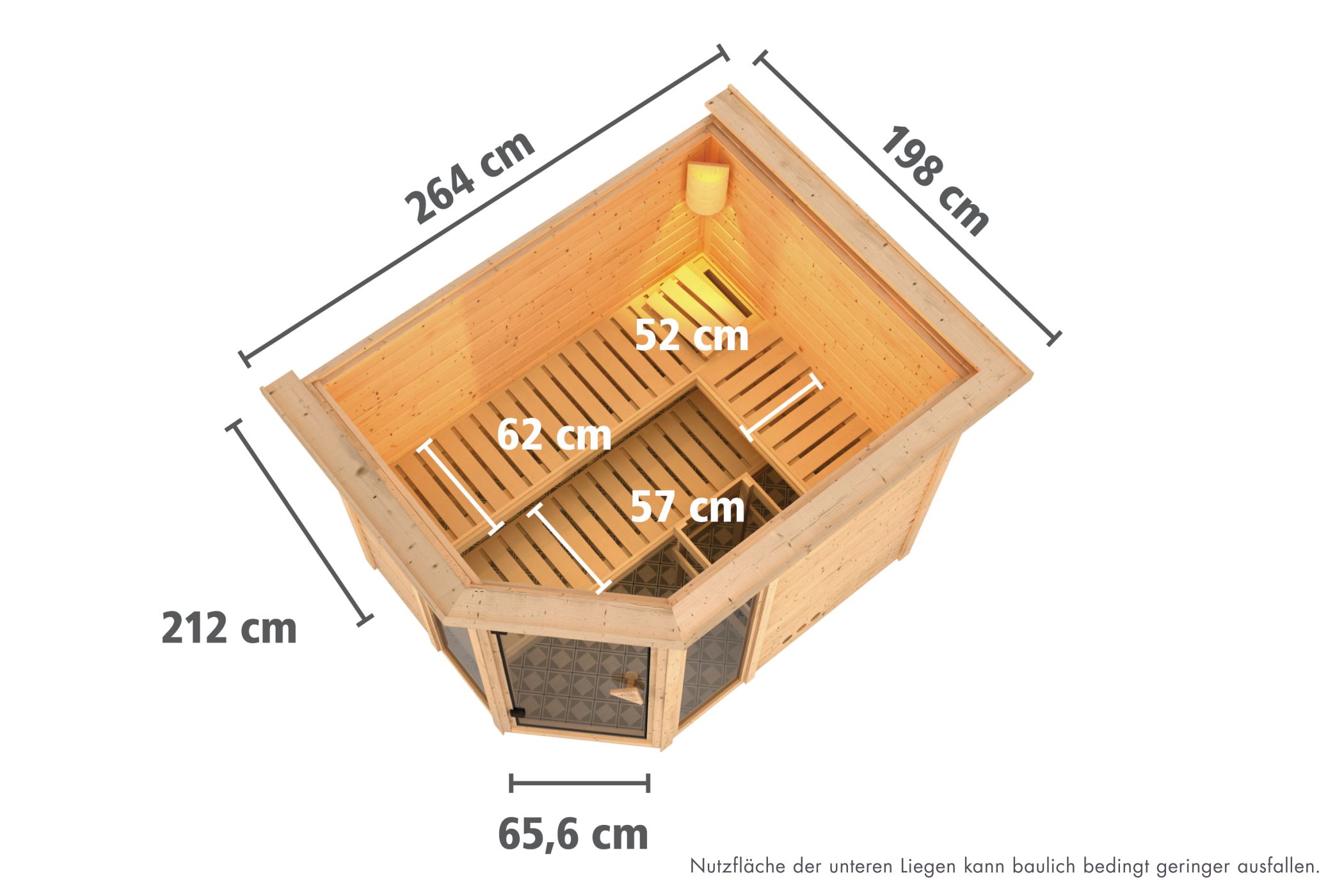 Maßzeichnung der Karibu Sauna Sinai 3 mit Außenmaß 264 × 198 cm und Höhe 214 cm