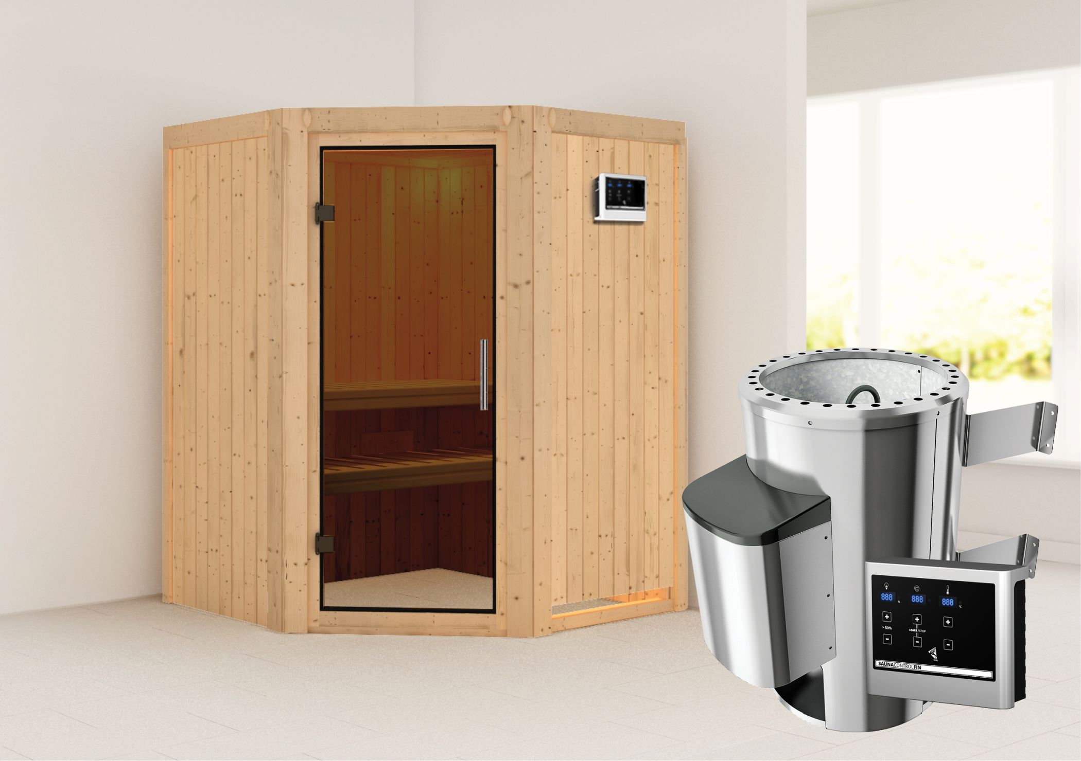Außenansicht der Karibu Sauna Nanja aus nordischer Fichte mit graphitfarbener Ganzglastür und Fronteinstieg