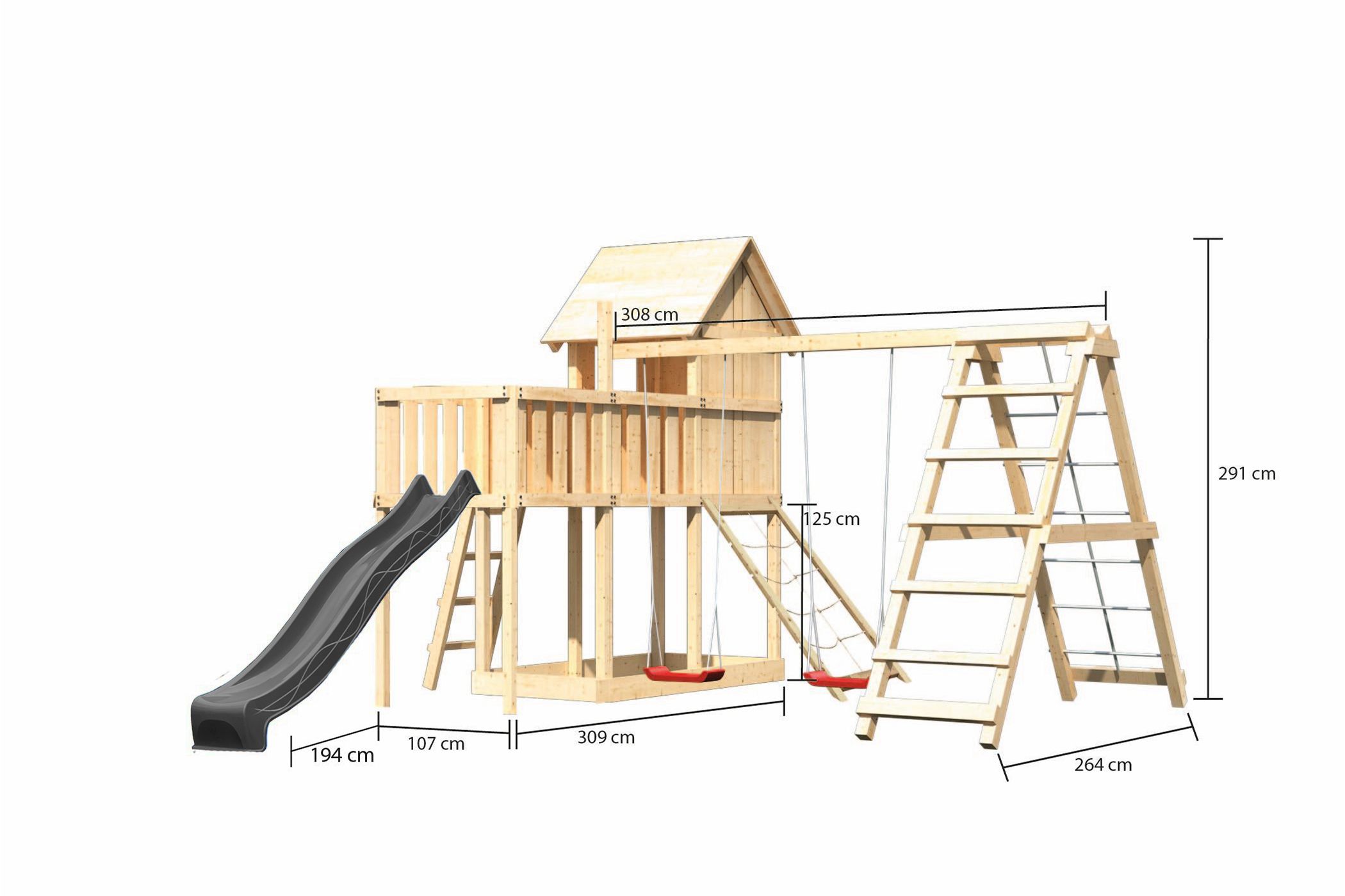 Maßzeichnung eines Karibu Spielgeräts aus Holz mit Bemaßung von Grundfläche und Höhe