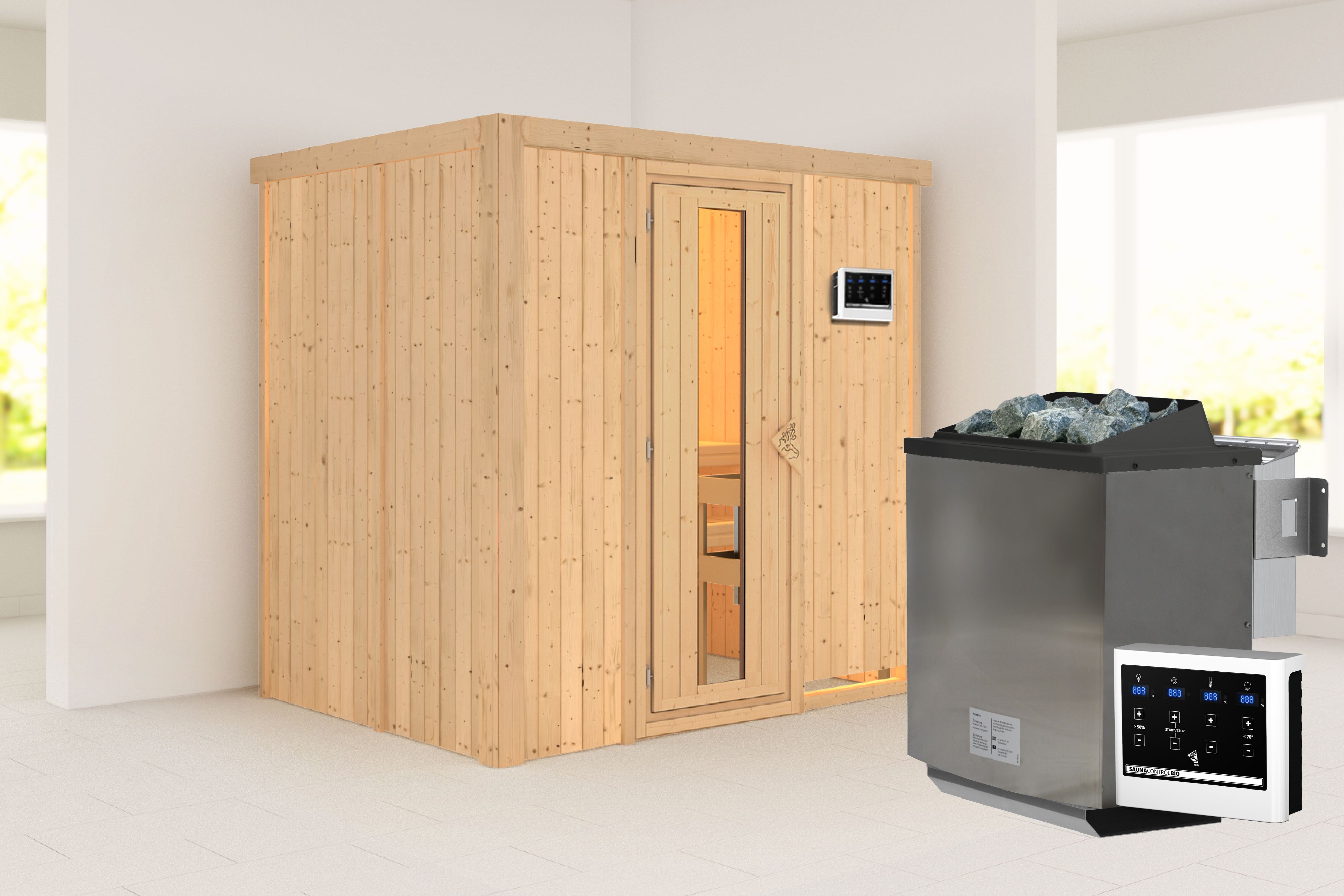 Außenansicht der Karibu Sauna Bodin aus nordischer Fichte mit isolierter Holztür und Fronteinstieg