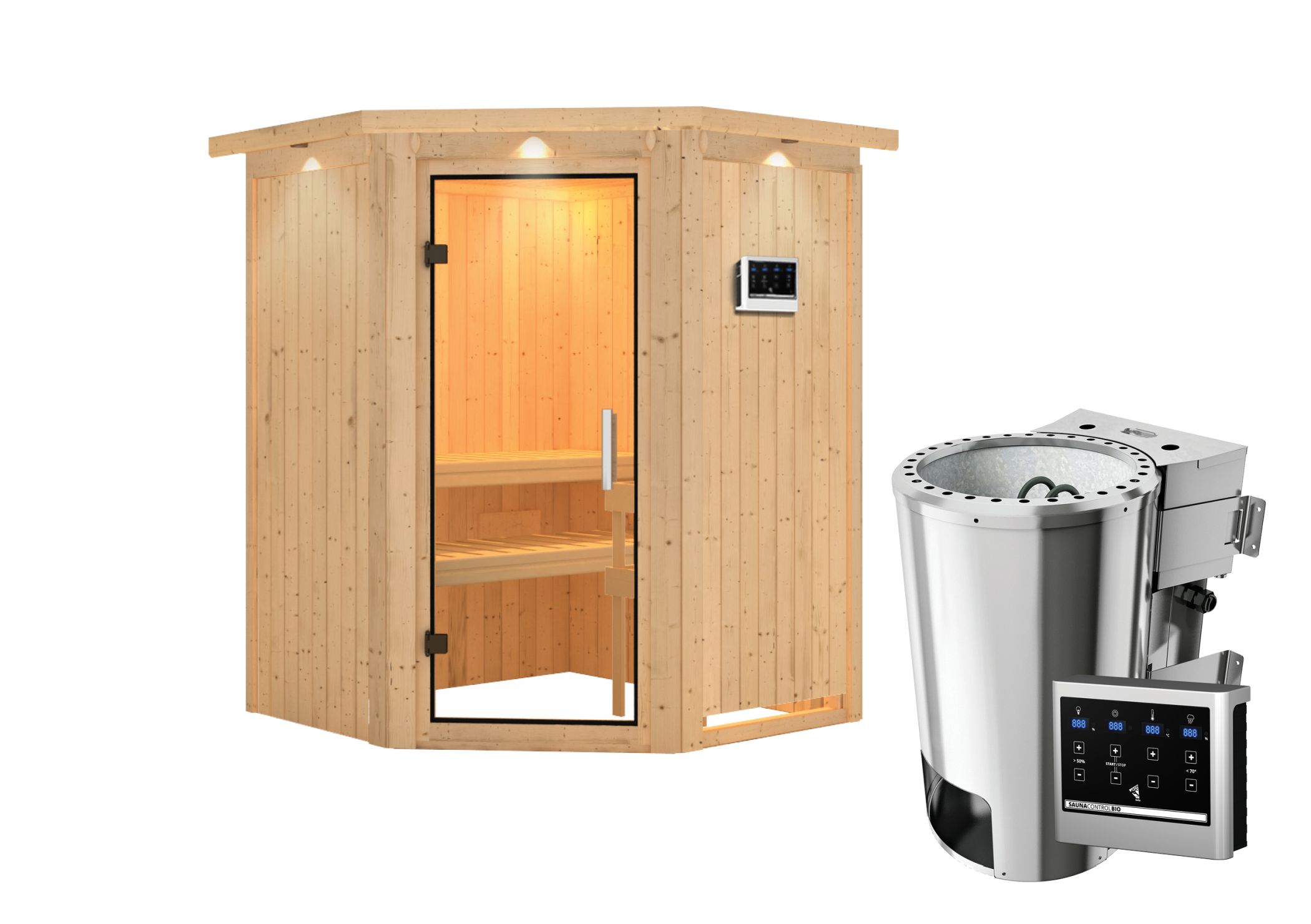 Innenansicht der Karibu Sauna Nanja mit Liegen und Kopfstütze aus hellem Espenholz