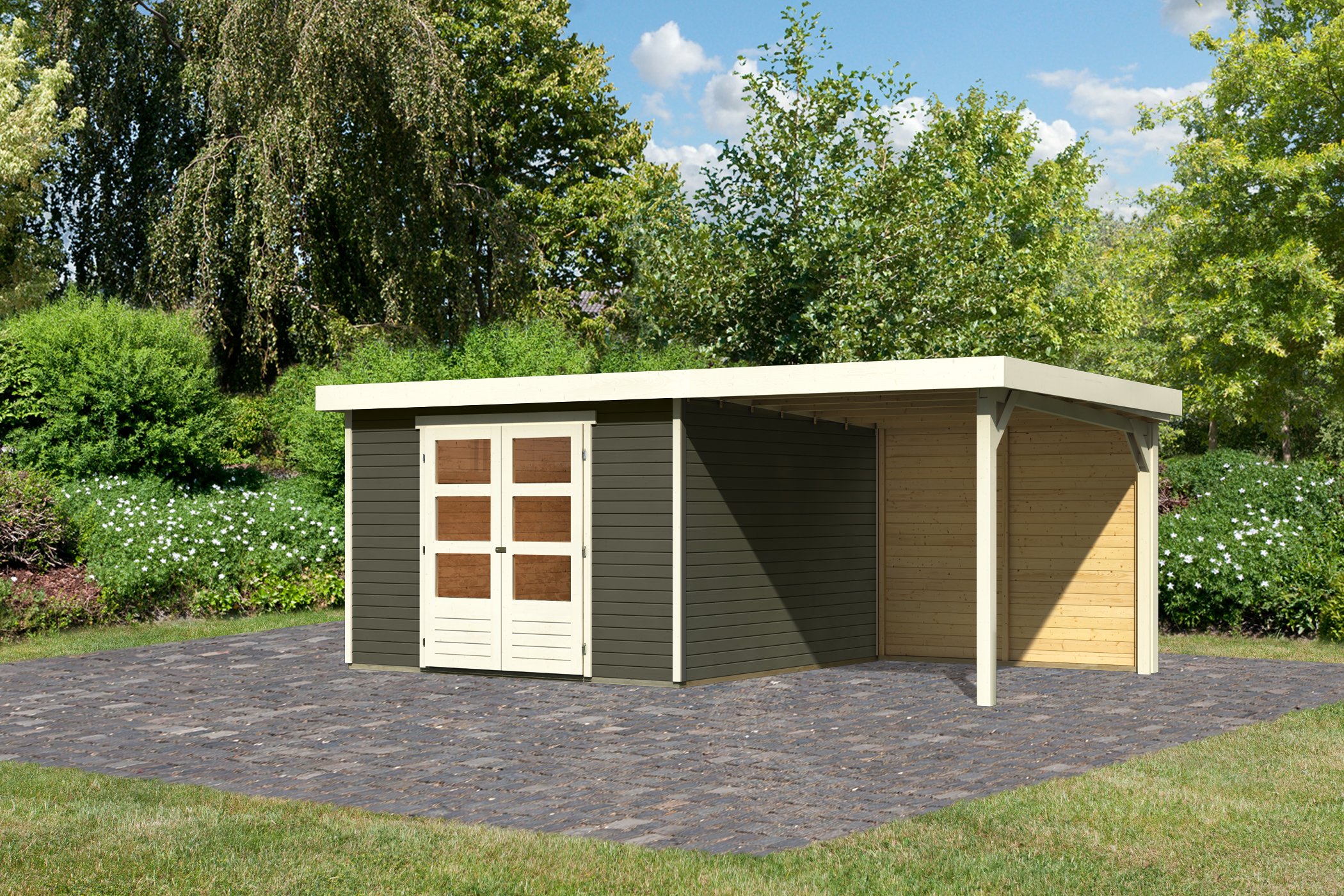 Karibu großes Gerätehaus Askola 6 in Terragrau und Anbaudach, Außenansicht