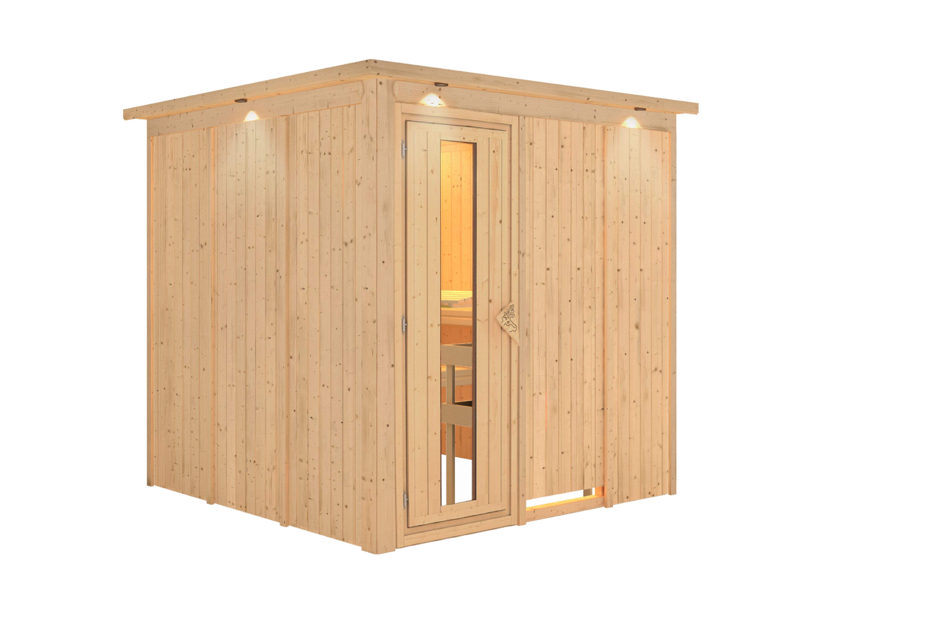 Innenansicht der Karibu Sauna Rodin mit Liegen und Kopfstütze aus hellem Espenholz