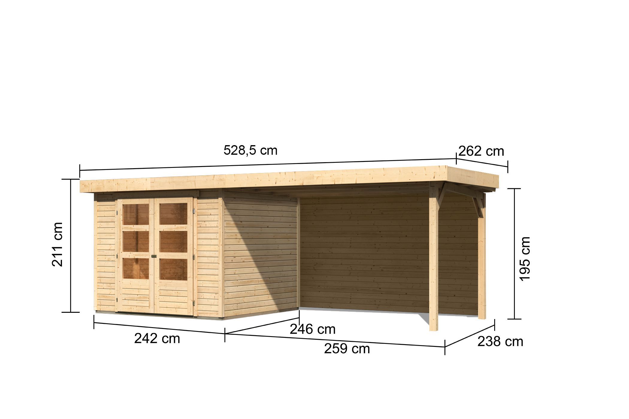 Bemaßte Maßzeichnung des Karibu Gerätehaus Askola 3,5 mit Anbaudach, 528 × 262 cm