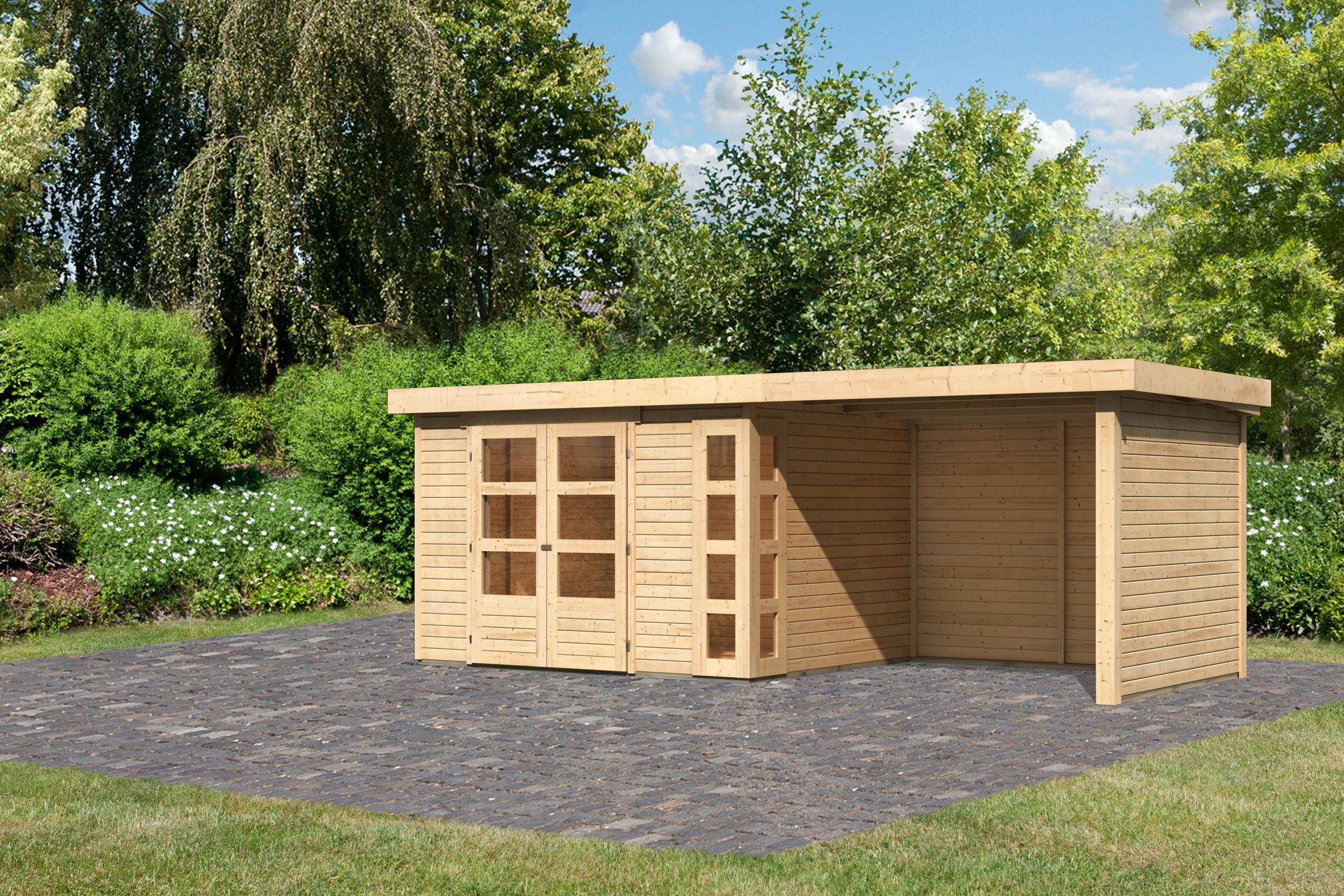 Karibu großes Gerätehaus Kerko 5 in Naturbelassen und Anbaudach, Außenansicht