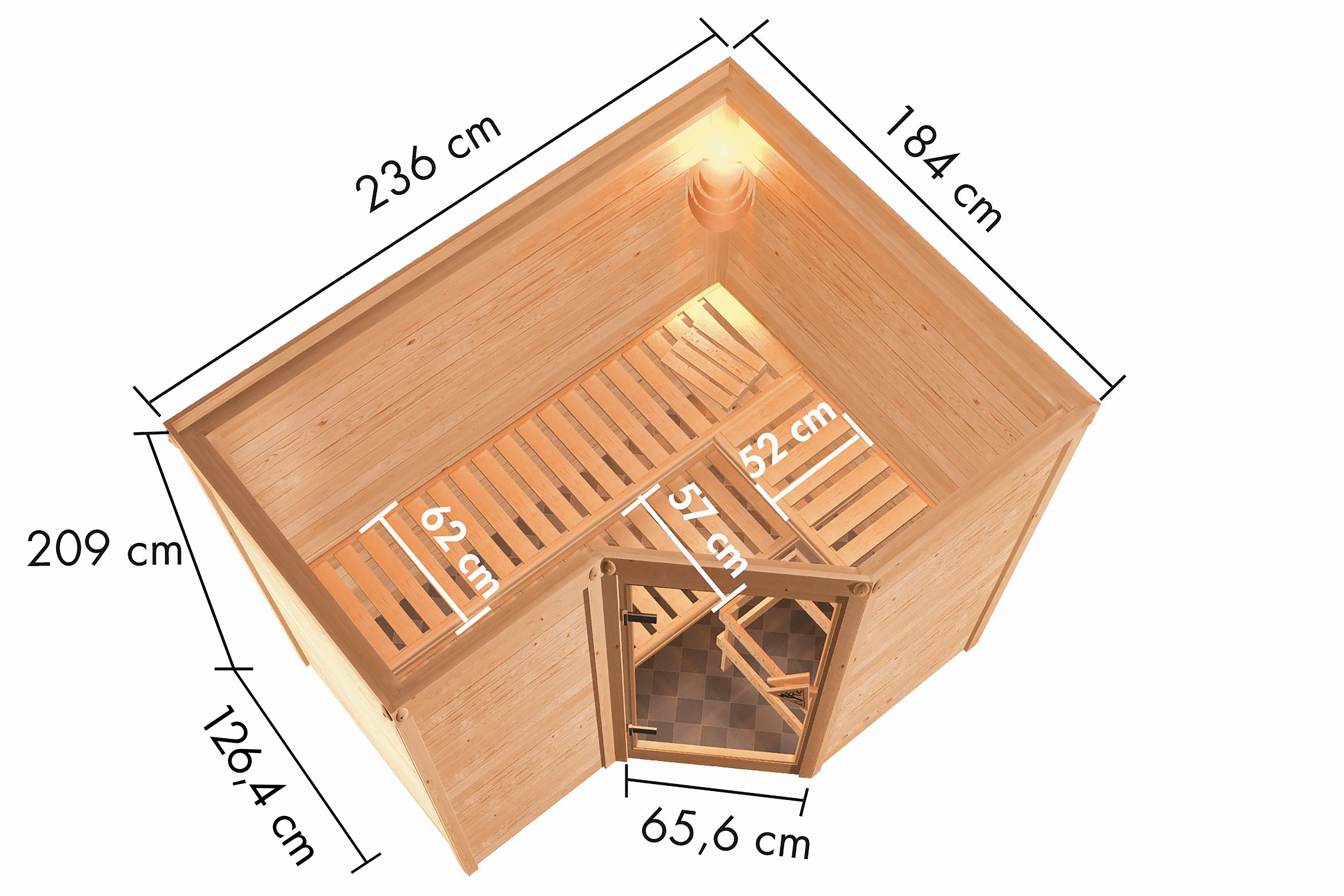 Maßzeichnung der Karibu Sauna Sahib 2 Basismodell mit Außenmaß 236 × 184 cm und Höhe 209 cm