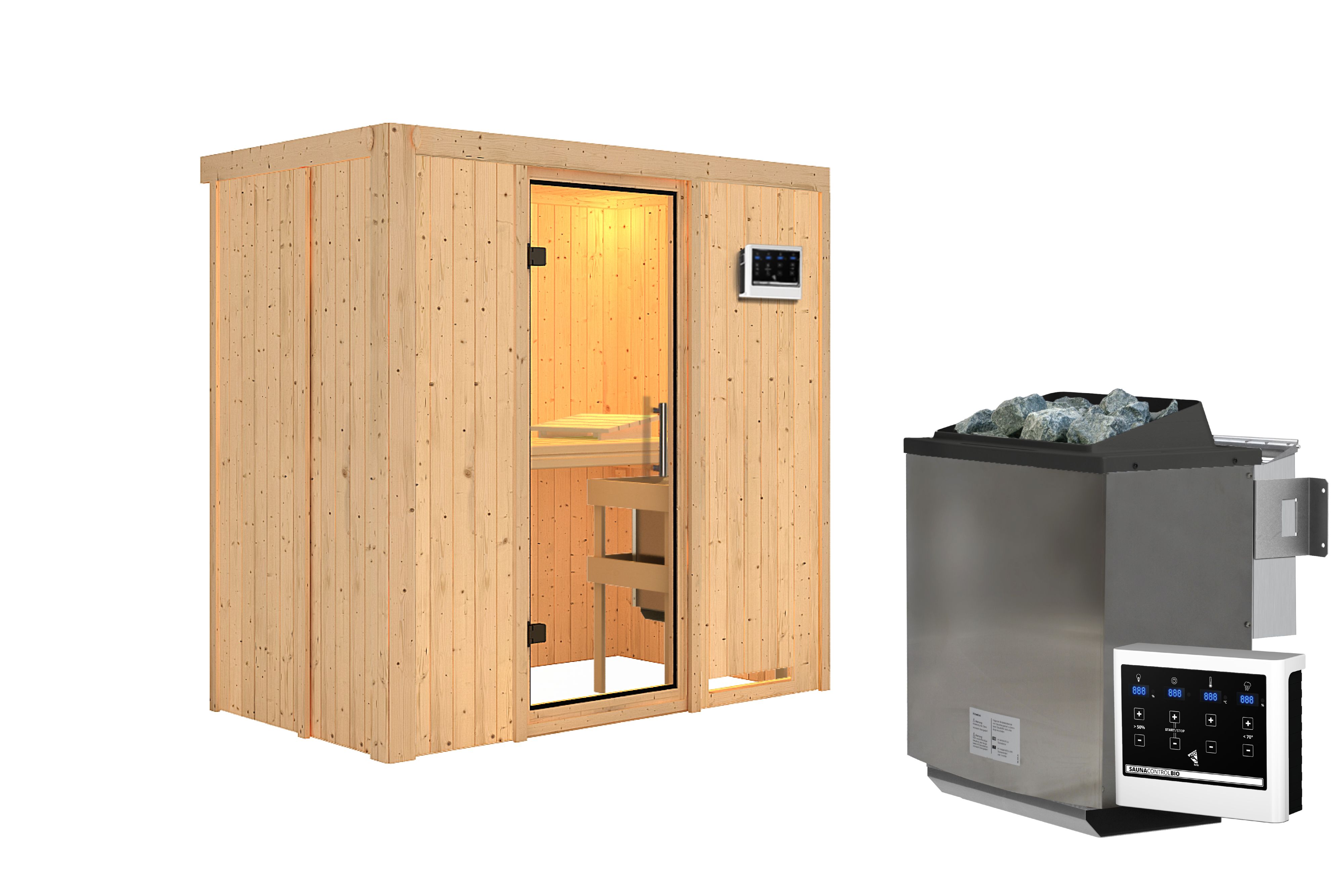 Innenansicht der Karibu Sauna Variado mit Liegen und Kopfstütze aus hellem Espenholz