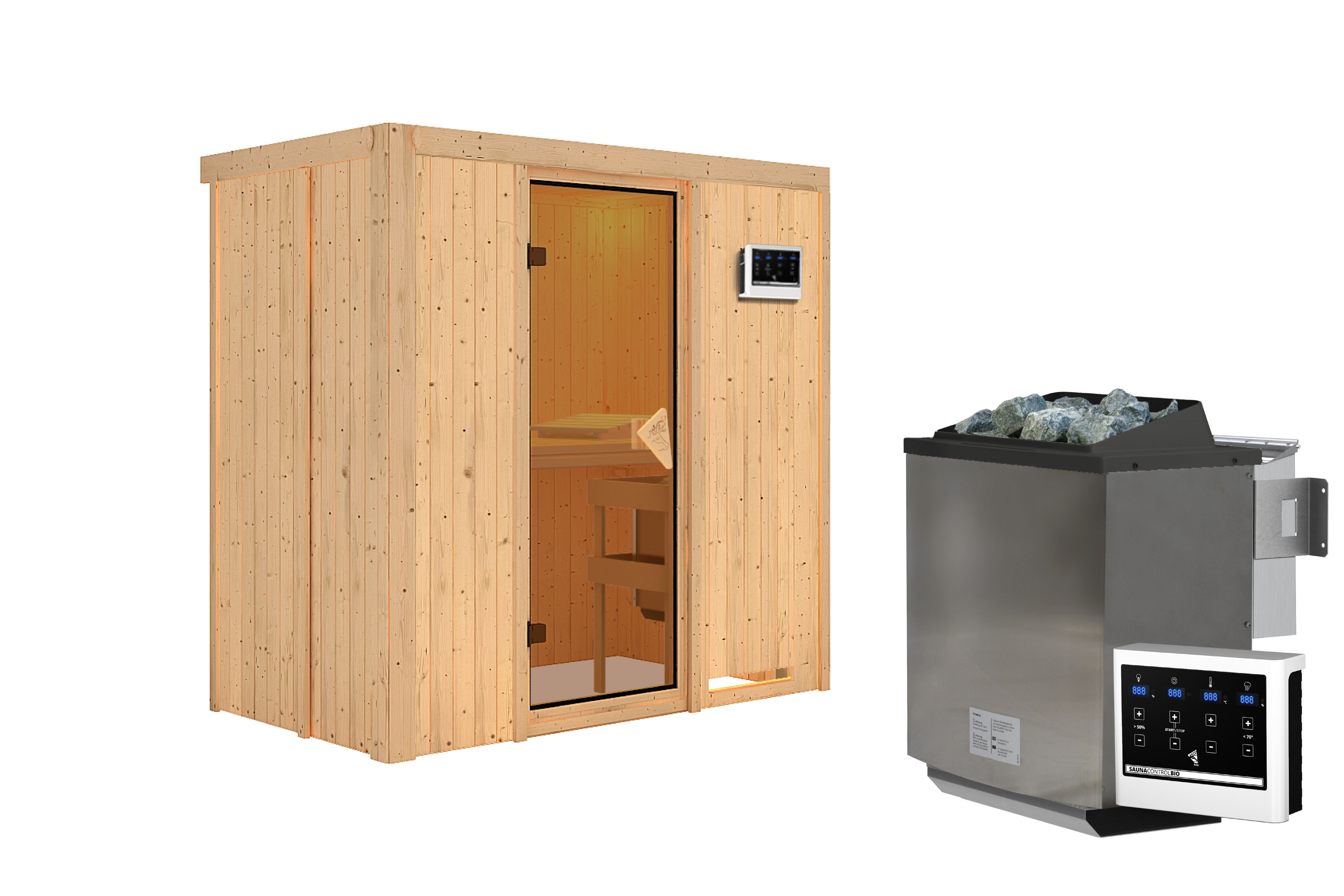 Innenansicht der Karibu Sauna Variado mit Liegen und Kopfstütze aus hellem Espenholz