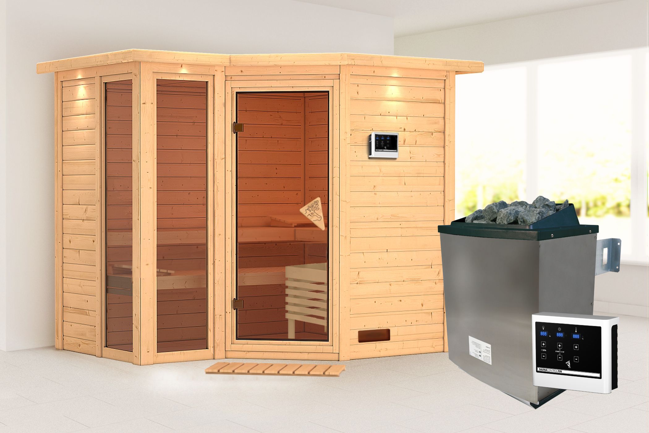 Außenansicht der Karibu Sauna Amara aus nordischer Fichte mit Ganzglastür und Fronteinstieg