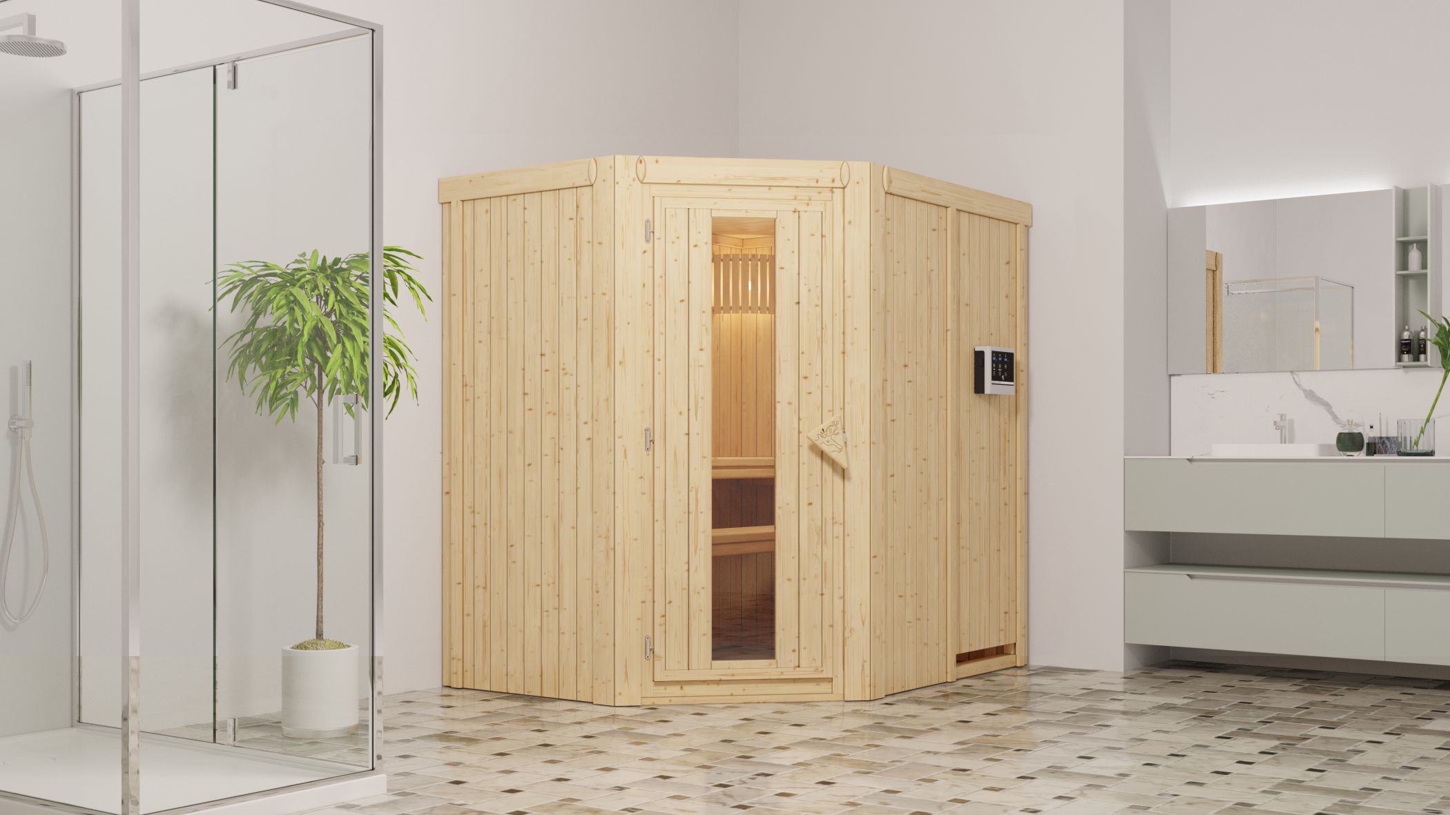 Karibu Sauna Saja als hochwertige Sauna aus nordischer Fichte im Wohnraum-Ambiente