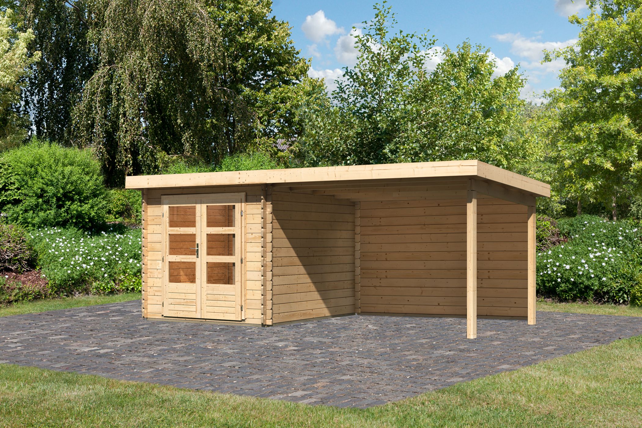 Karibu Gartenhaus Bastrup 4 in Naturbelassen und Anbaudach, Außenansicht