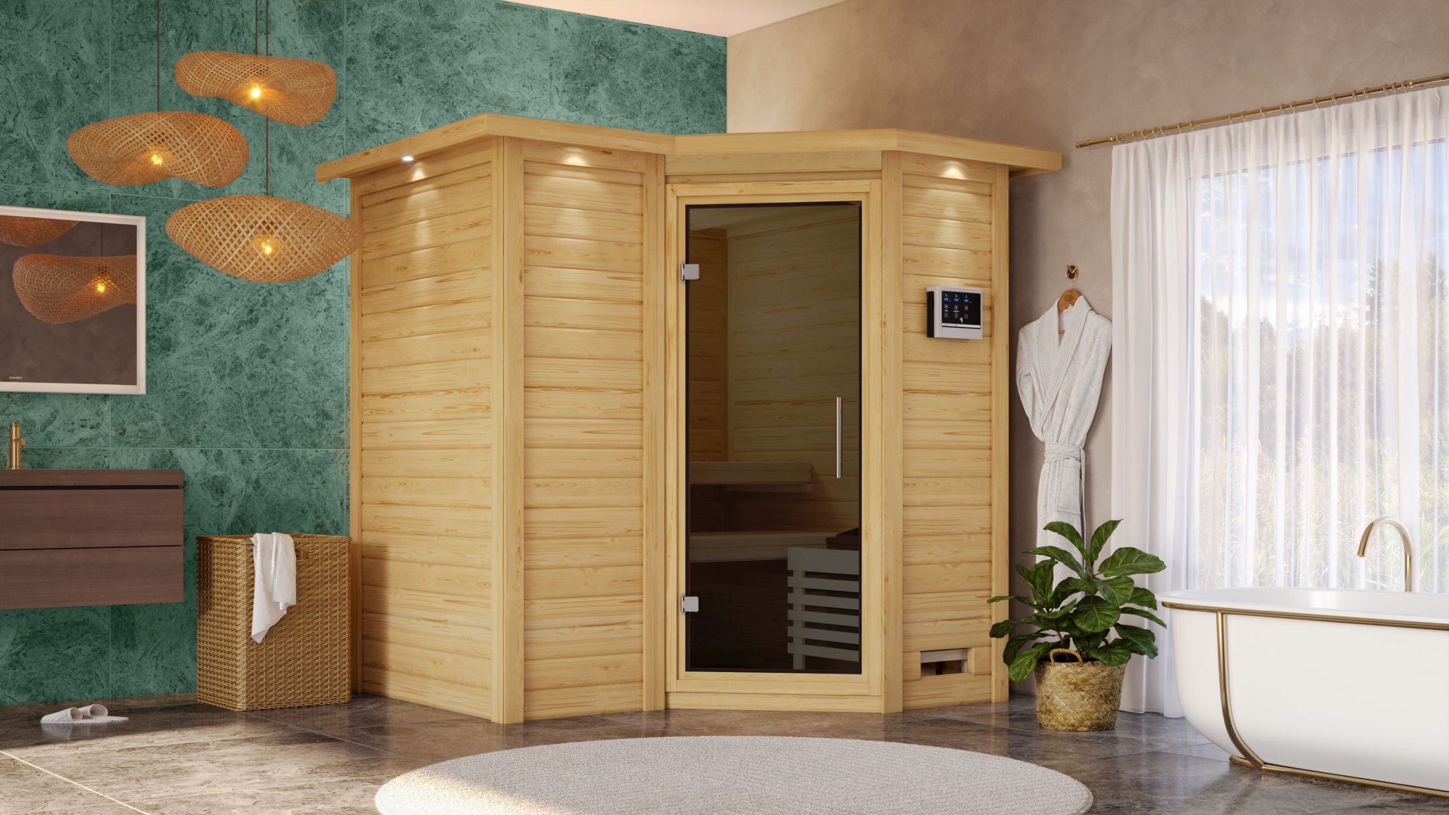 Karibu Sauna Sahib 1 als hochwertige Sauna aus nordischer Fichte im Wohnraum-Ambiente