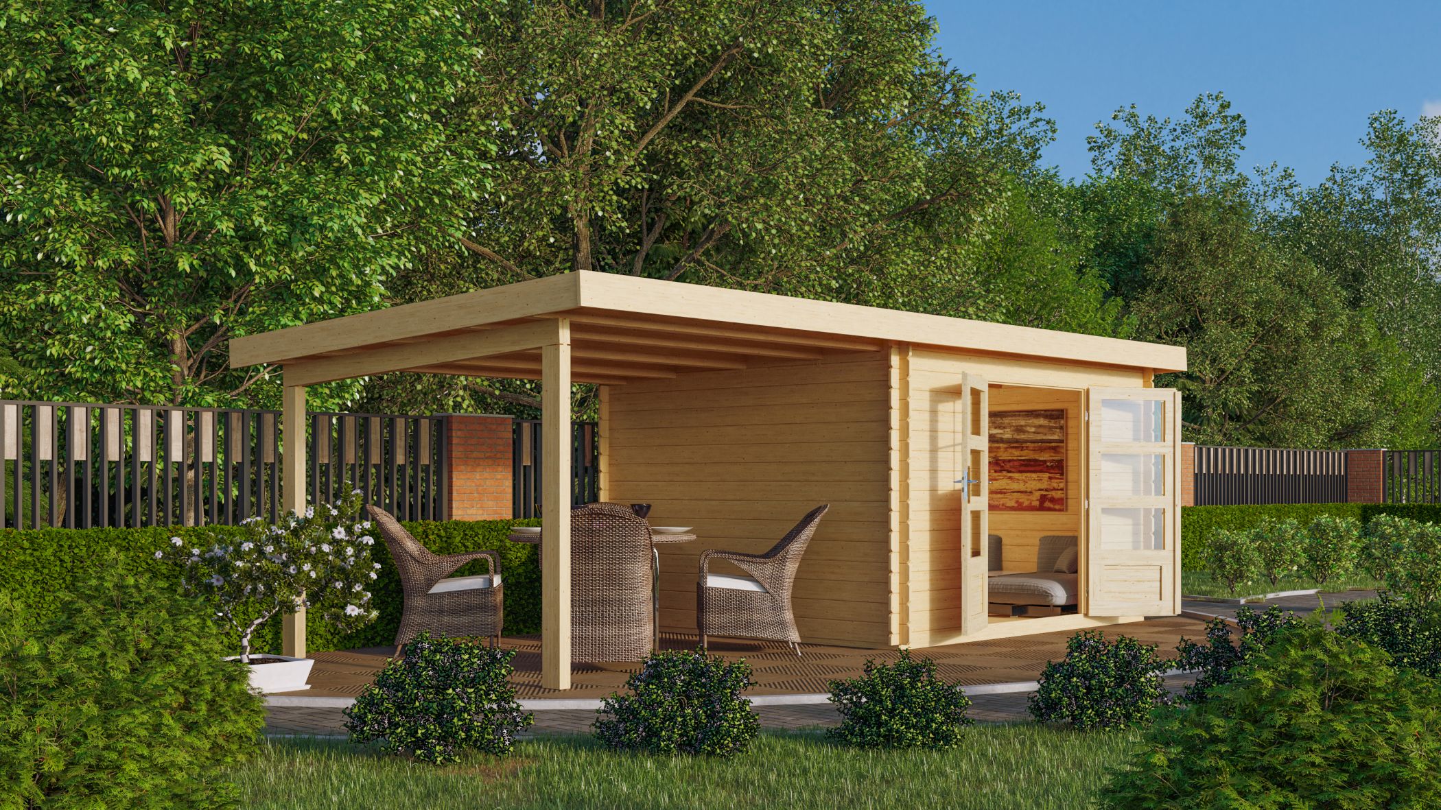 Karibu Gartenhaus Bastrup 7 mit Anbaudach im Garten