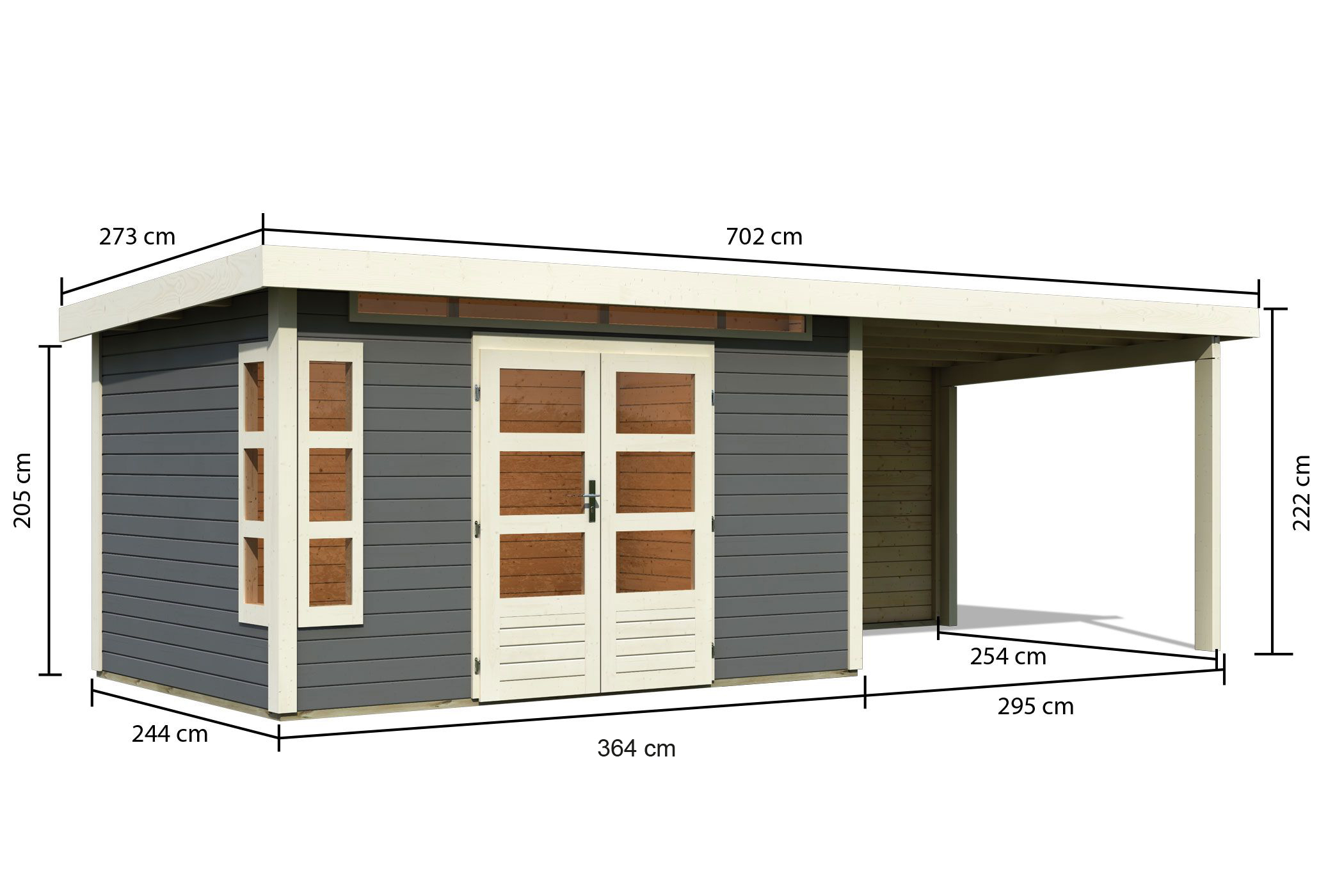 Bemaßte Maßzeichnung des Karibu Gartenhaus Kastorf 7 mit Anbaudach, 702 × 273 cm