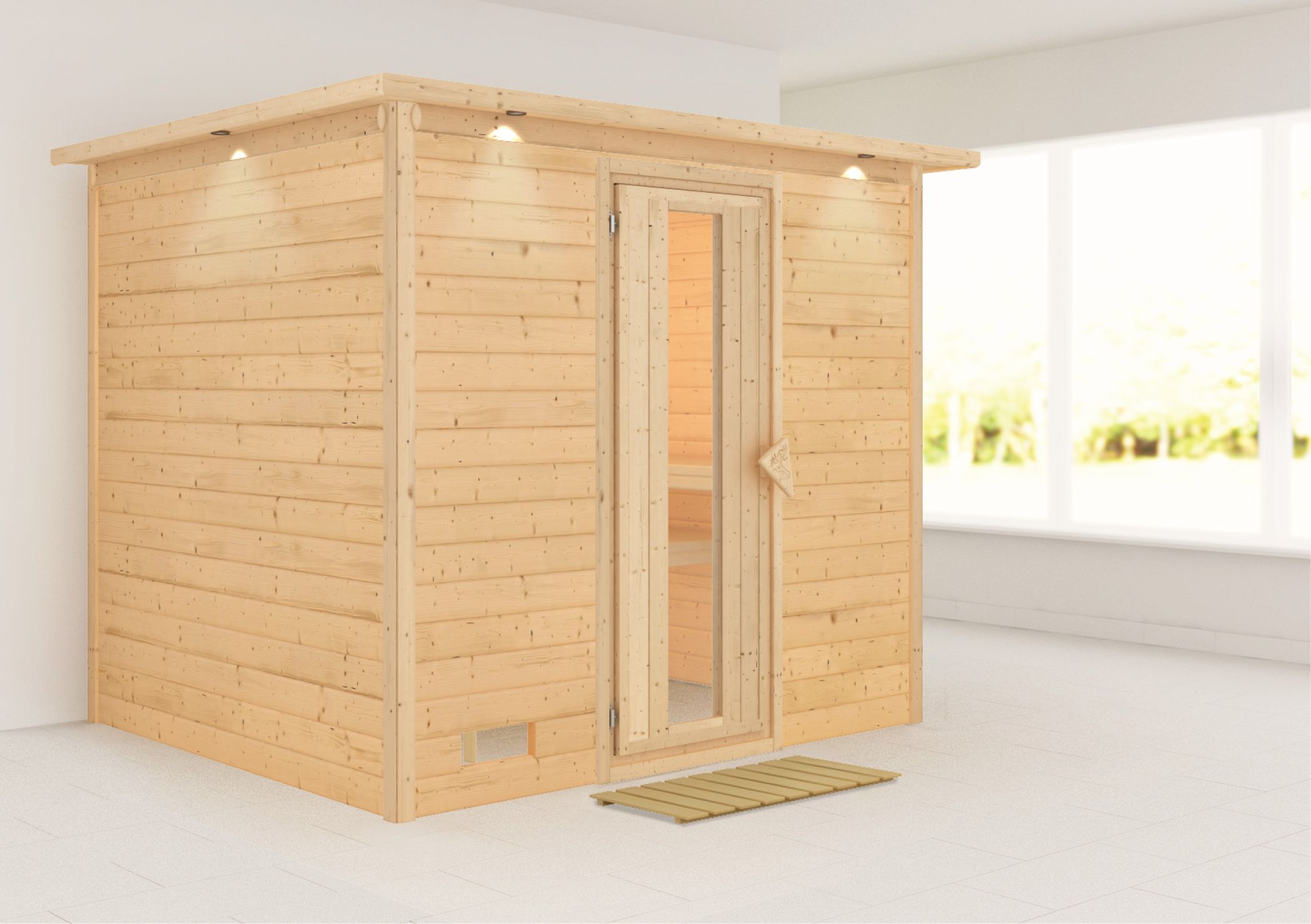 Außenansicht der Karibu Sauna Sonara aus nordischer Fichte mit isolierter Holztür und Fronteinstieg