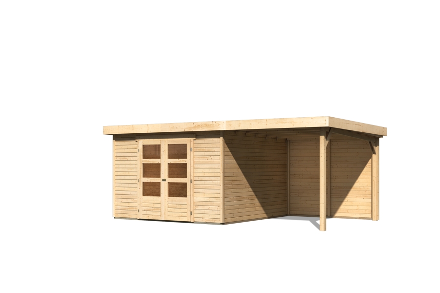Karibu großes Gerätehaus Askola 6 in Naturbelassen und Anbaudach, Freisteller