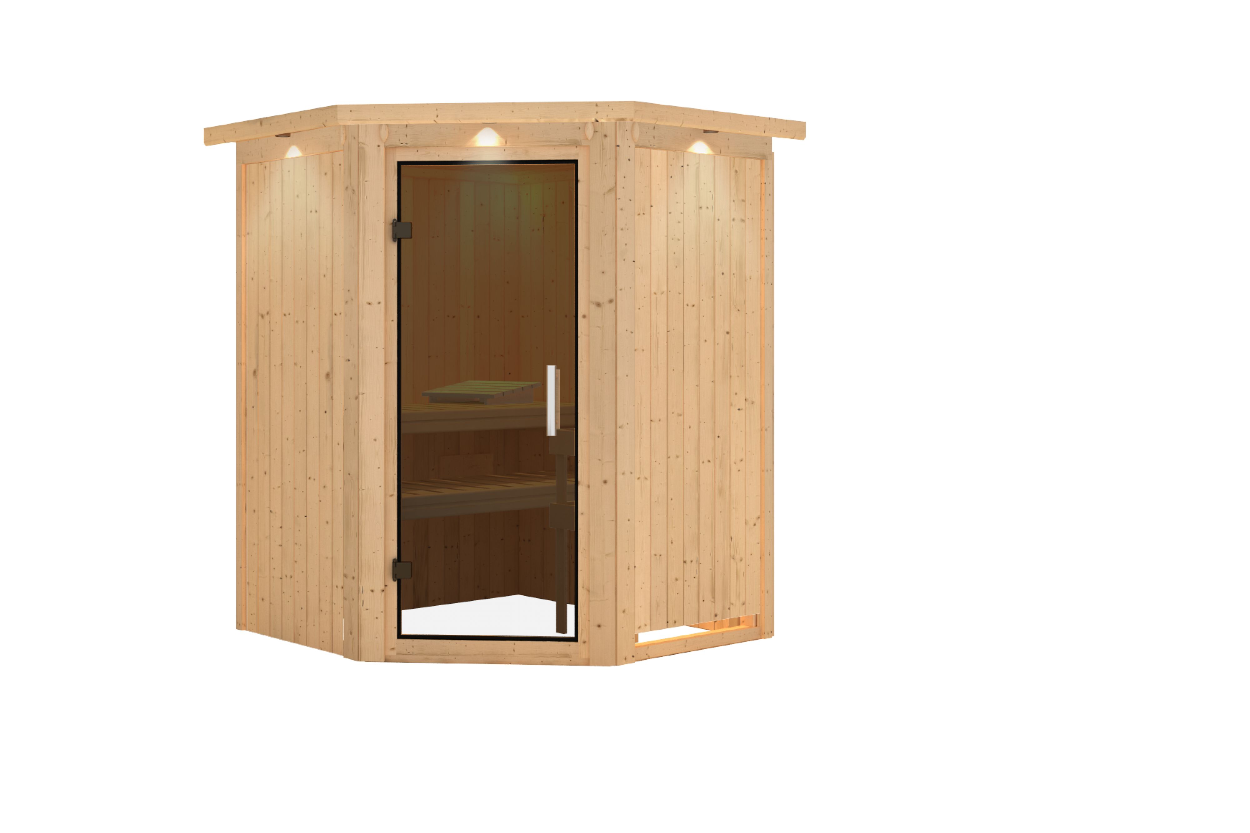 Innenansicht der Karibu Sauna Larin mit Liegen und Kopfstütze aus hellem Espenholz