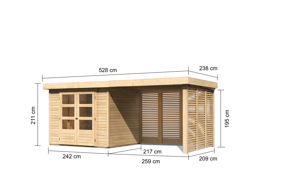 Bemaßte Maßzeichnung des Karibu Gerätehaus Askola 3 mit Anbaudach, 528 × 238 cm