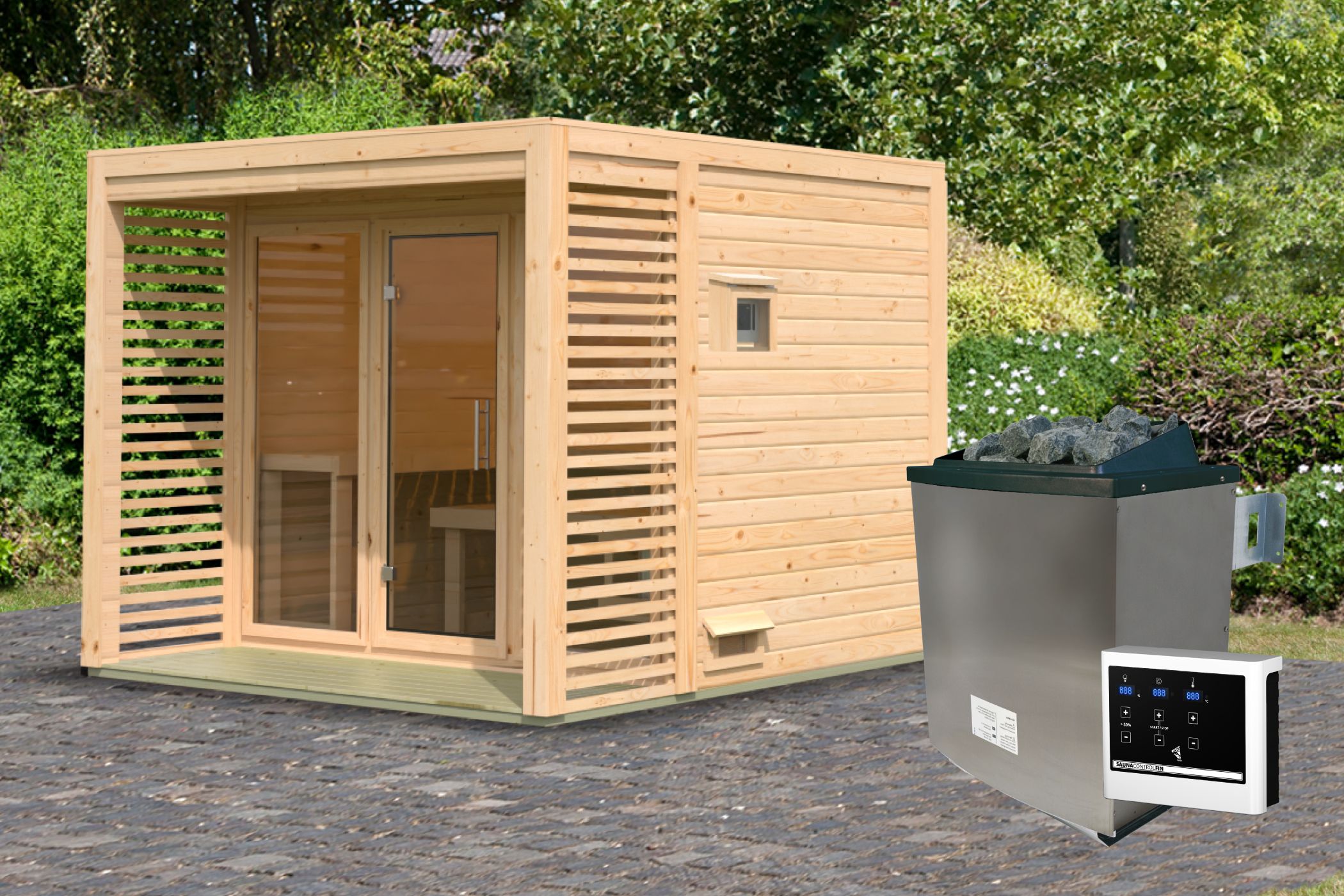 Karibu Saunahaus Angkor 3 als Gartensauna aus Massivholz im Garten mit Glasfront