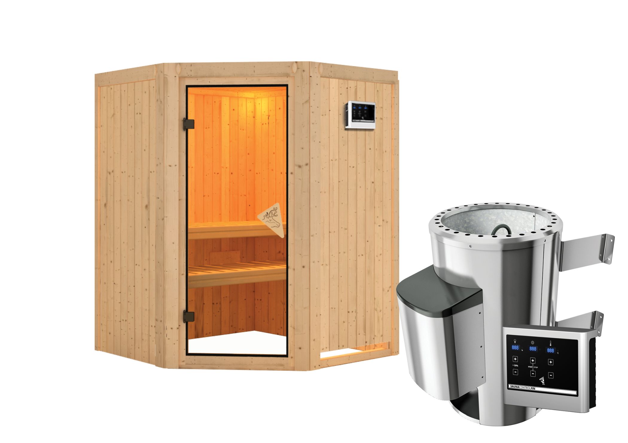 Innenansicht der Karibu Sauna Nanja mit Liegen und Kopfstütze aus hellem Espenholz