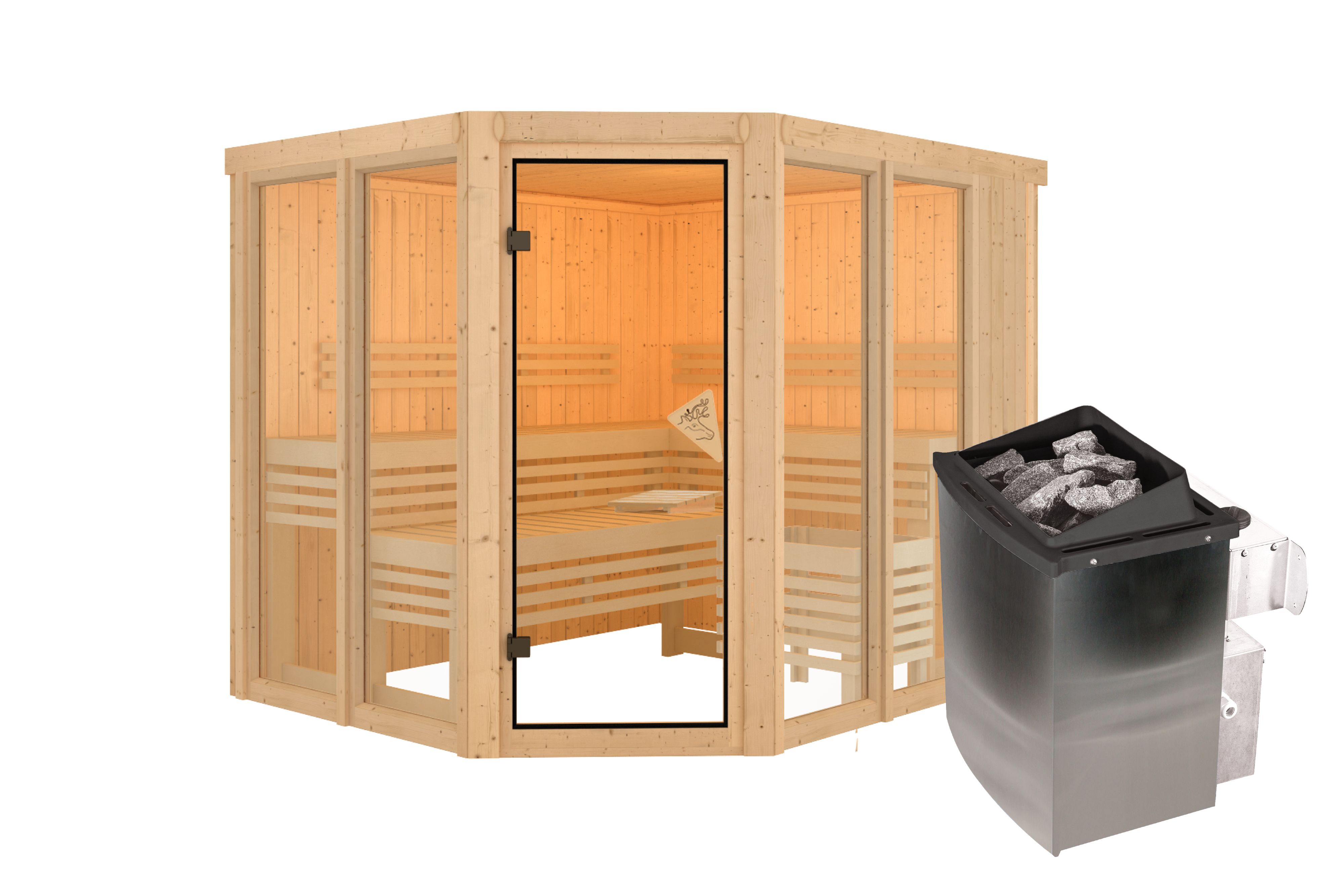 Innenansicht der Karibu Sauna Ainur mit Liegen und Kopfstütze aus hellem Espenholz