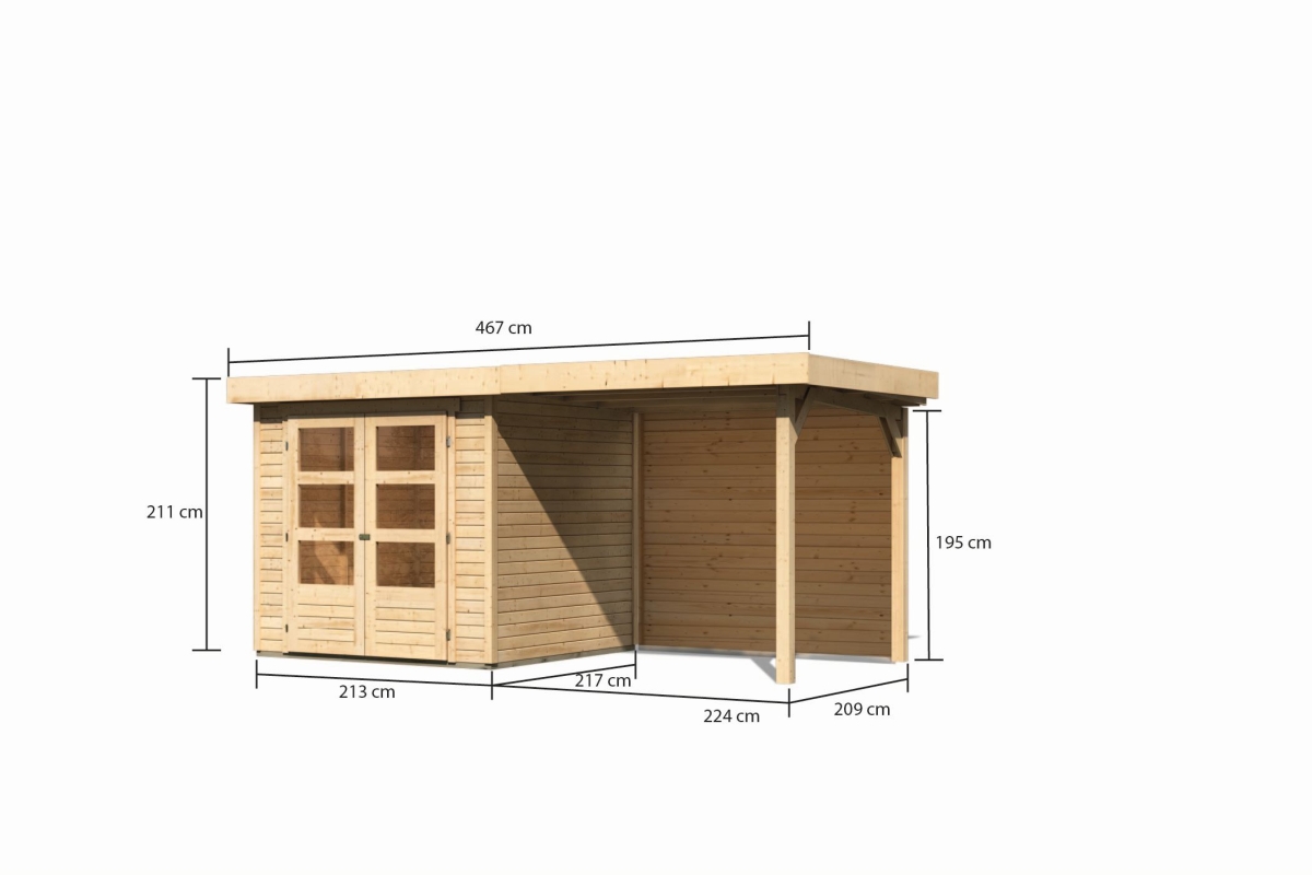 Bemaßte Maßzeichnung des Karibu Gerätehaus Askola 2 mit Anbaudach, 467 × 238 cm