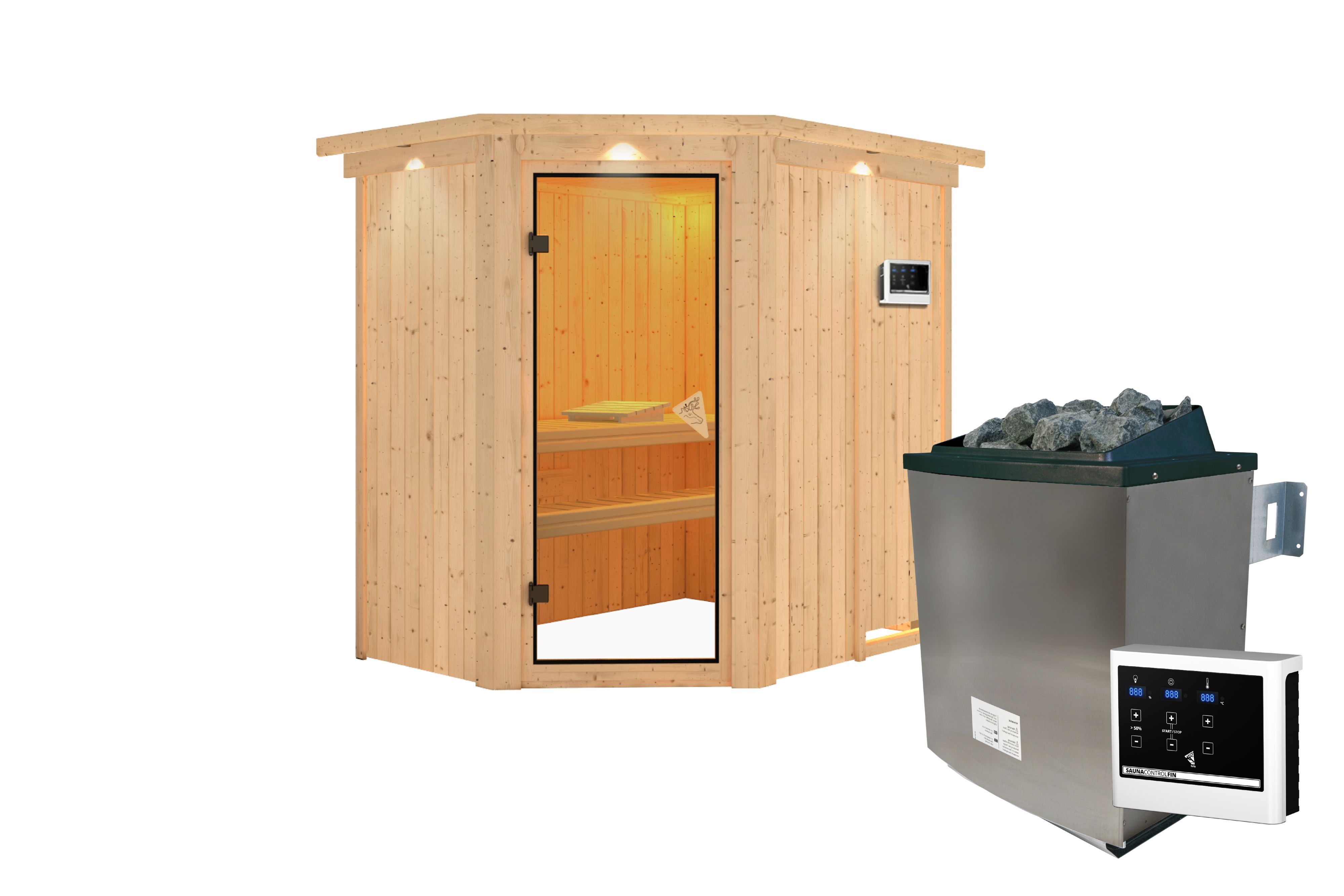 Außenansicht der Karibu Sauna Carin aus nordischer Fichte mit bronzierter Ganzglastür und Fronteinstieg