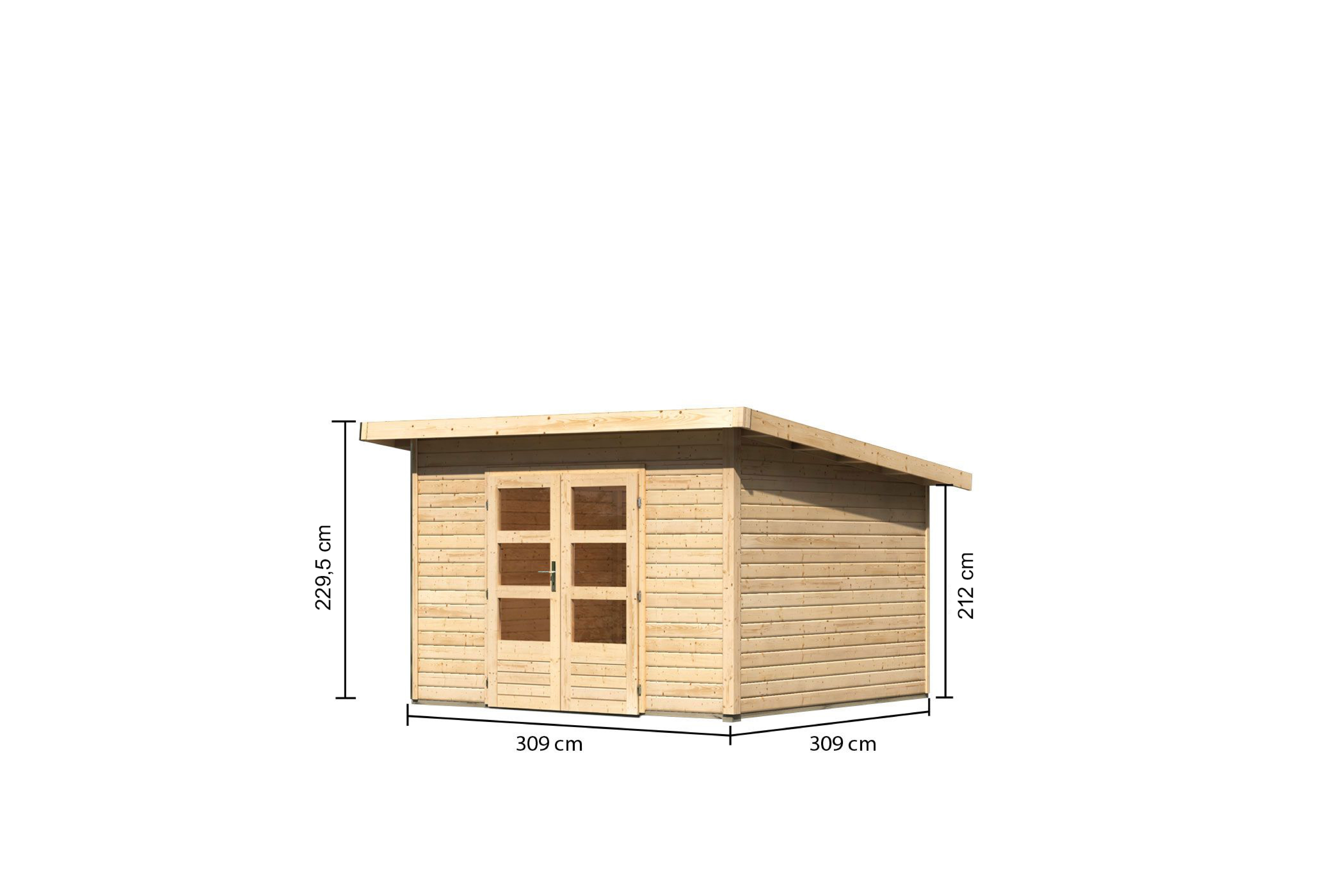 Bemaßte Maßzeichnung des Karibu Gartenhaus Northeim 3, 309 × 309 cm