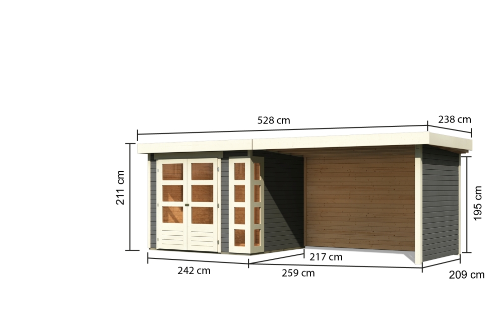 Bemaßte Maßzeichnung des Karibu Gerätehaus Kerko 3 mit Anbaudach, 528 × 238 cm