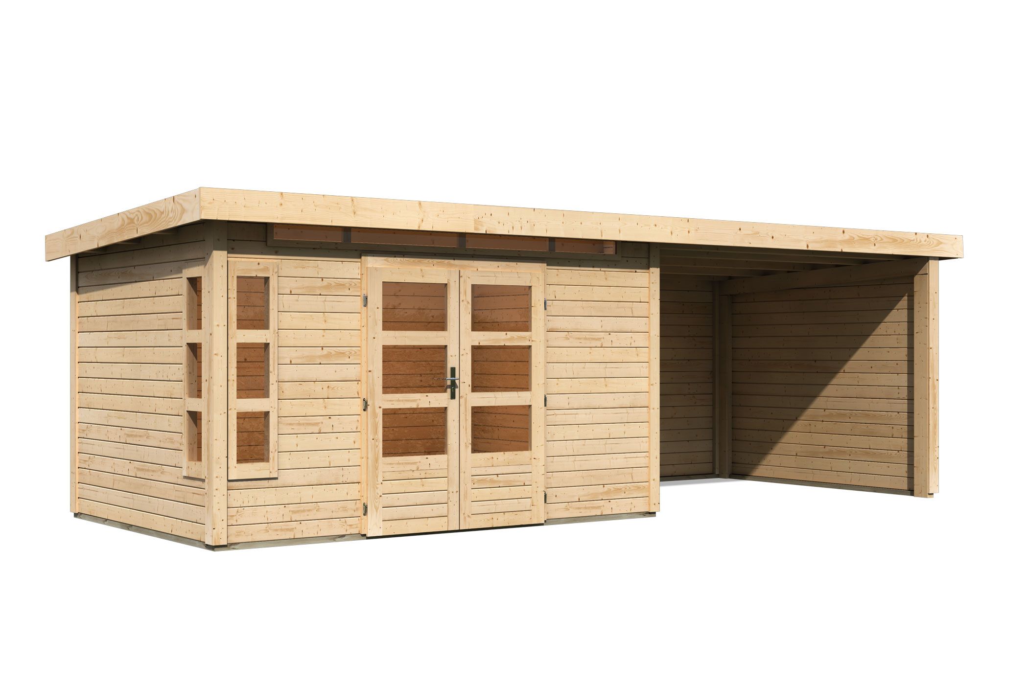 Karibu Gartenhaus Kastorf 7 in Naturbelassen und Anbaudach, Freisteller