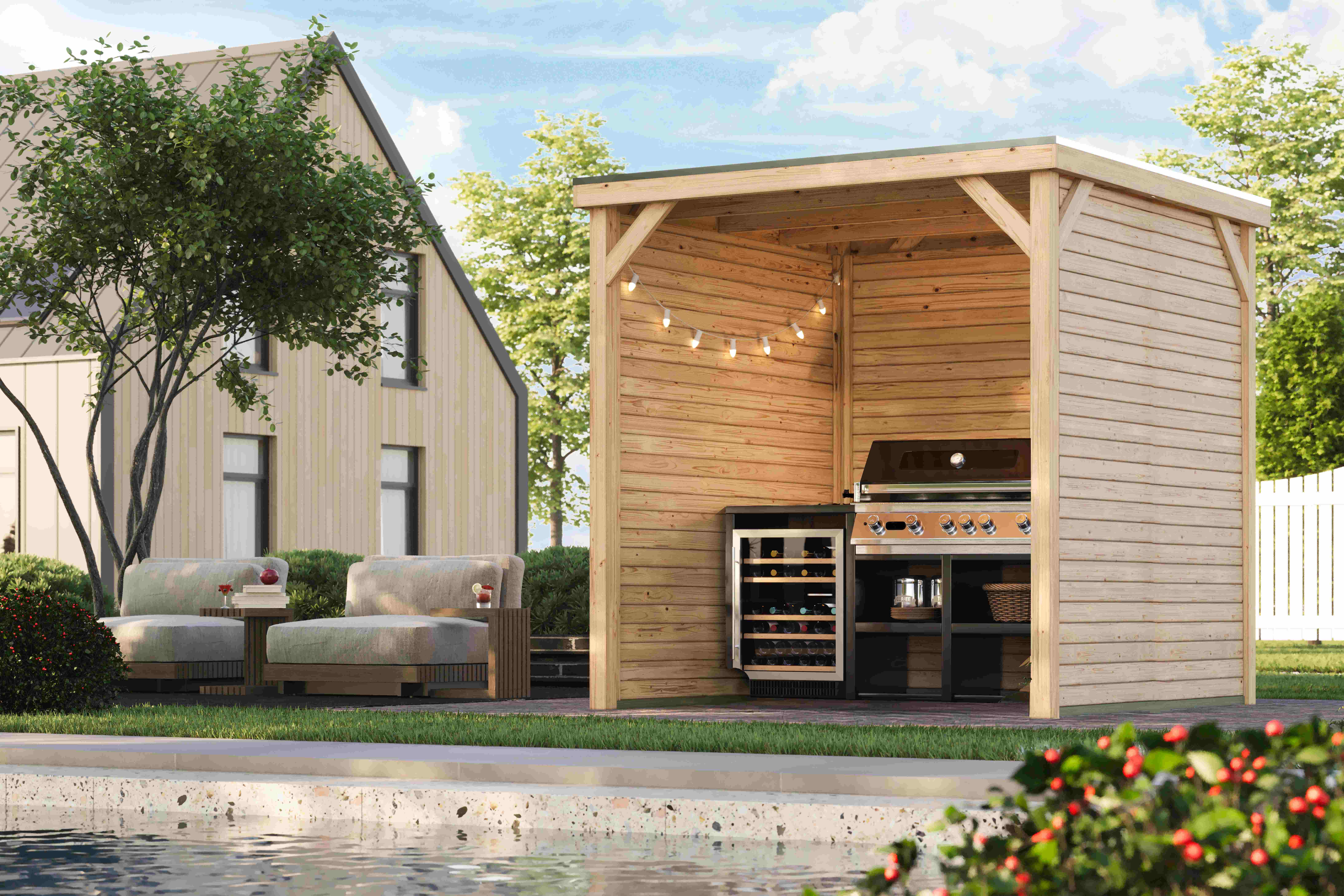 Karibu Grillpavillon aus Leimholz mit Flachdach im Garten als Ambiente-Ansicht
