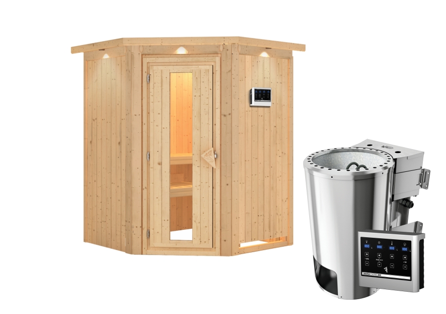 Innenansicht der Karibu Sauna Nanja mit Liegen und Kopfstütze aus hellem Espenholz