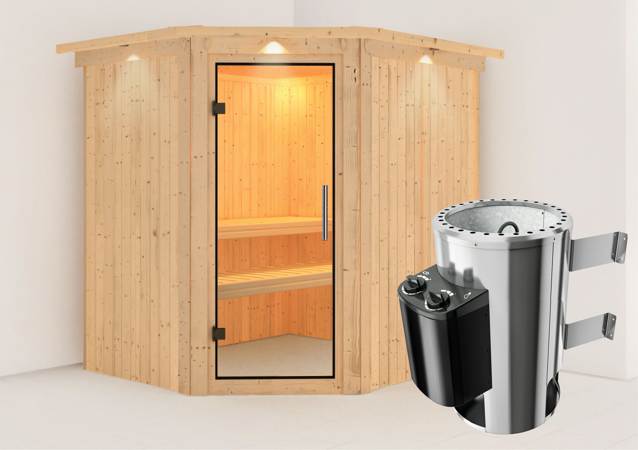 Außenansicht der Karibu Sauna Lilja aus nordischer Fichte mit Klarglas-Ganzglastür und Fronteinstieg
