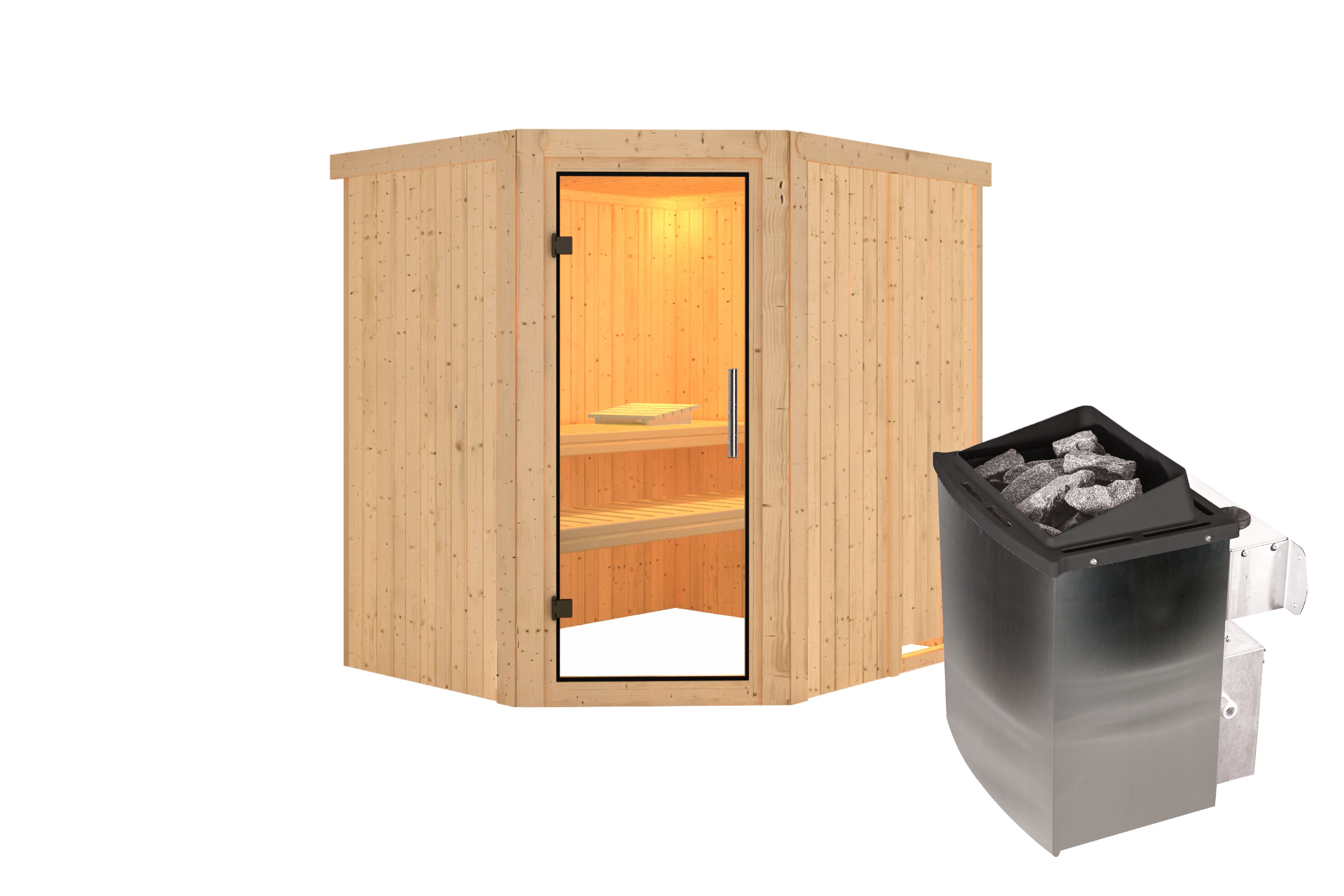 Innenansicht der Karibu Sauna Siirin mit Liegen und Kopfstütze aus hellem Espenholz