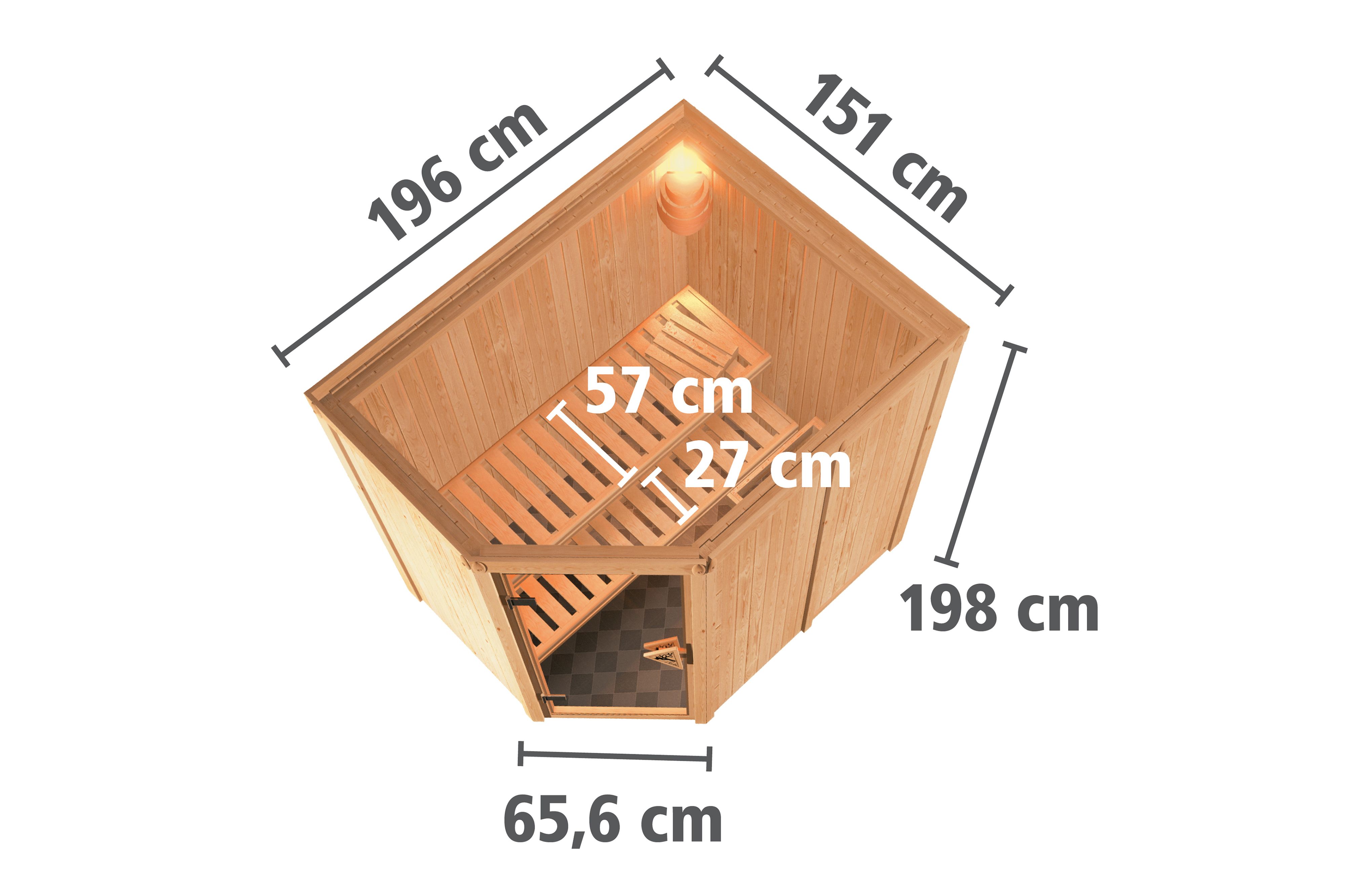 Maßzeichnung der Karibu Sauna Carin mit Außenmaß 196 × 151 cm und Höhe 198 cm